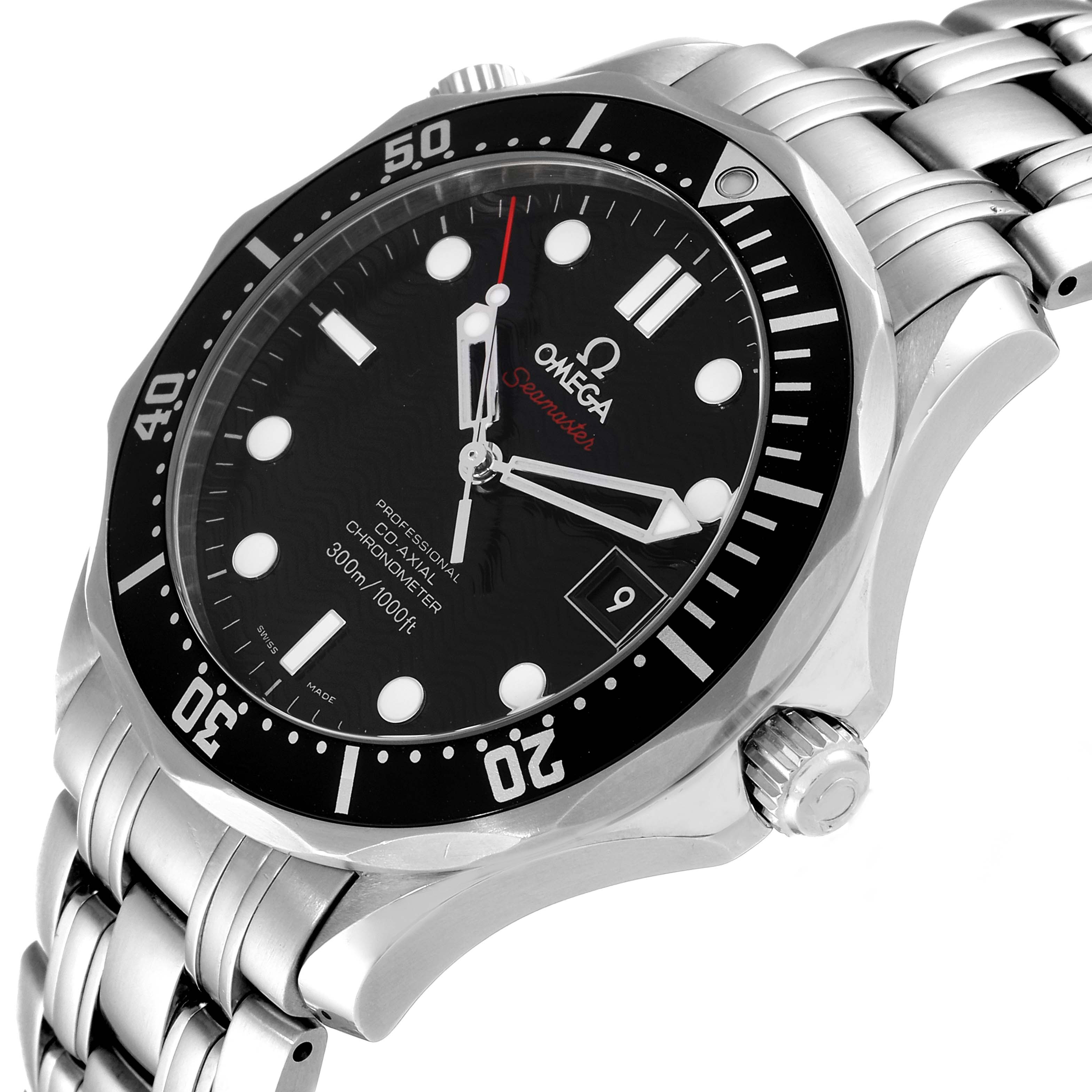 The image shows a close-up angled view of the Omega Seamaster 212.30.41.20.01.002 Men's Stainless Steel Black Dial 212.30.41.20.01.002 Men's Stainless Steel Black Dial watch, displaying the dial, bezel, crown, and bracelet.