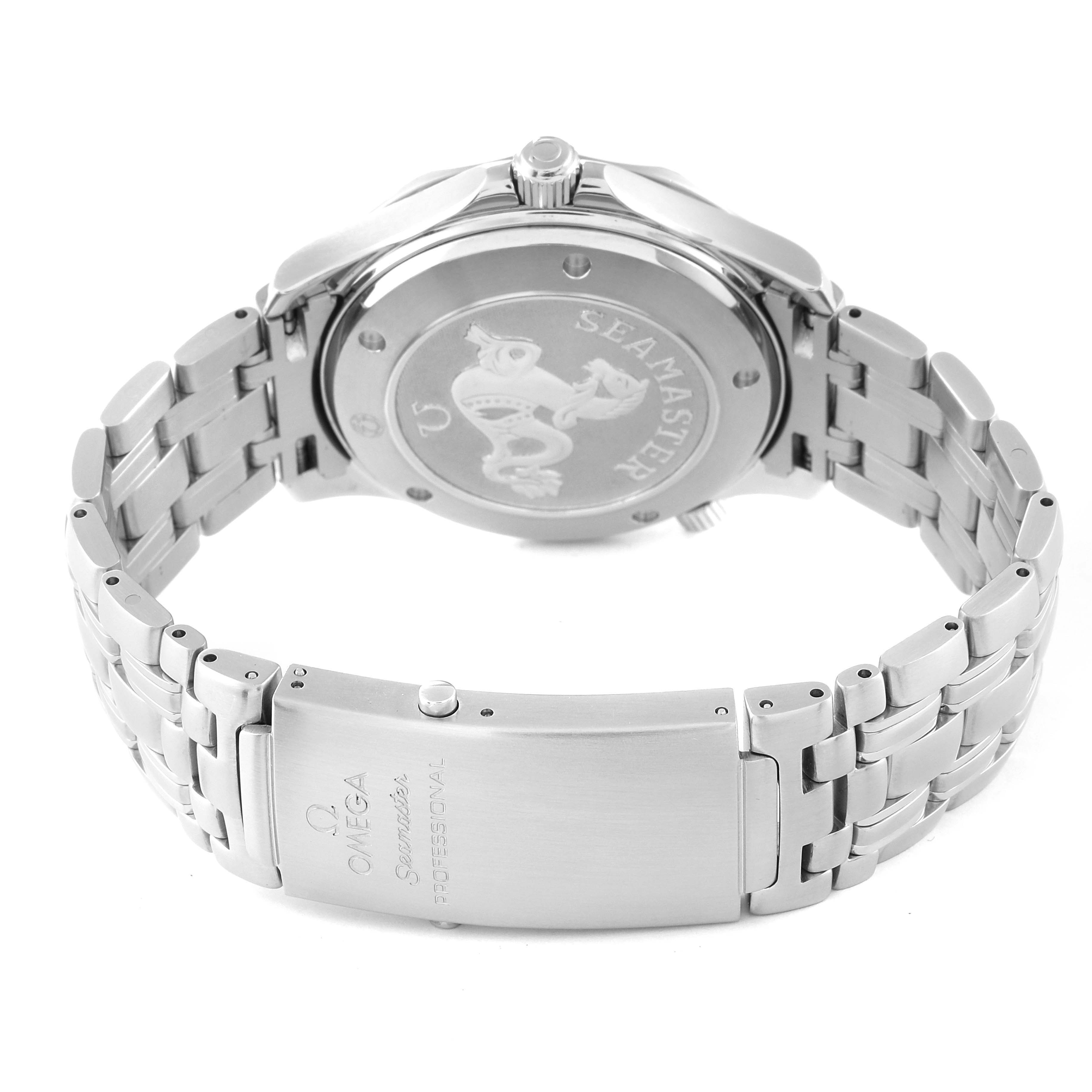 The image shows the back view of the Omega Seamaster 212.30.41.20.01.002 Men's Stainless Steel Black Dial 212.30.41.20.01.002 Men's Stainless Steel Black Dial watch, highlighting its case back and metal bracelet with the branded clasp.