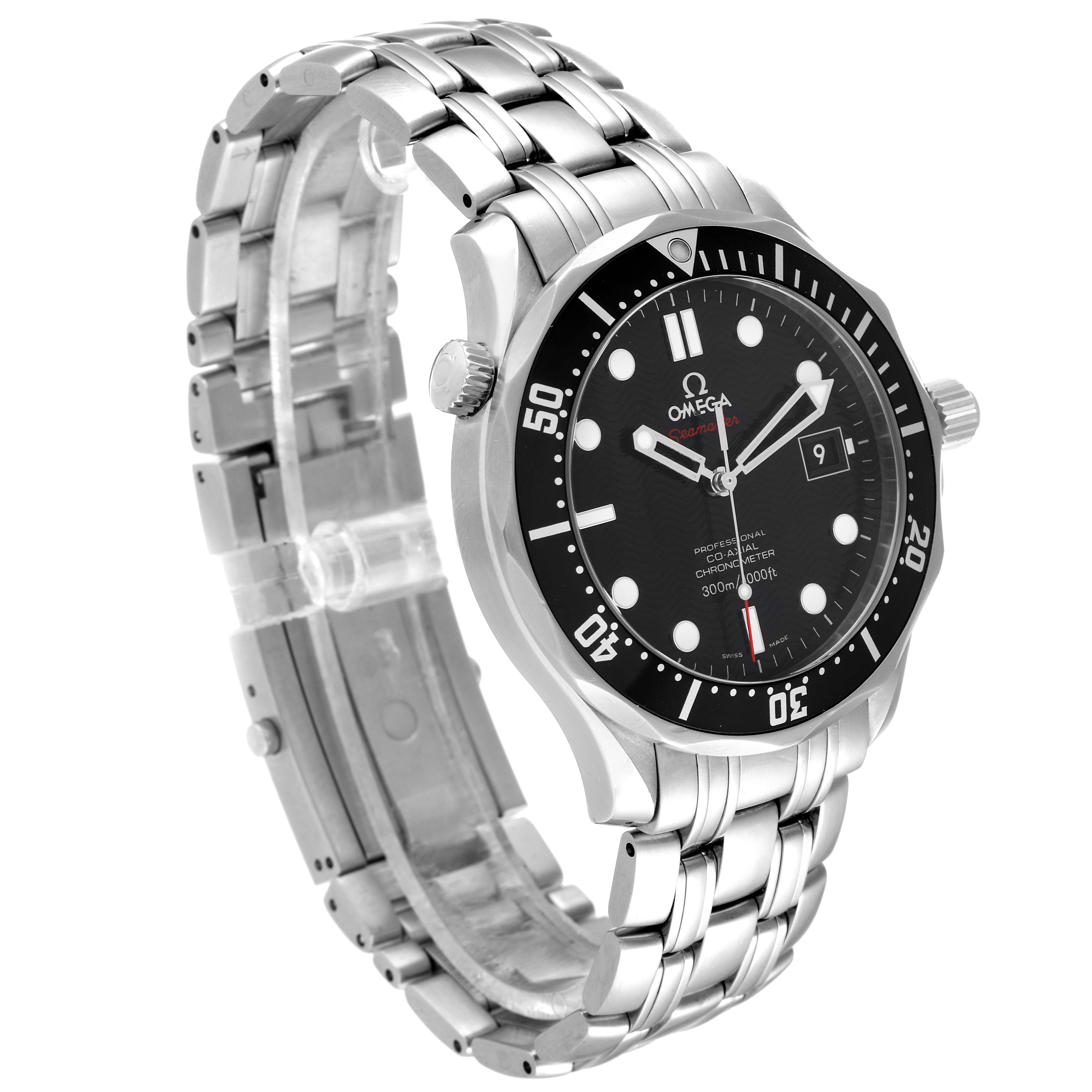 The image shows an Omega Seamaster 212.30.41.20.01.002 Men's Stainless Steel Black Dial 212.30.41.20.01.002 Men's Stainless Steel Black Dial watch at a three-quarter angle, highlighting the face, bezel, crown, and metal bracelet.