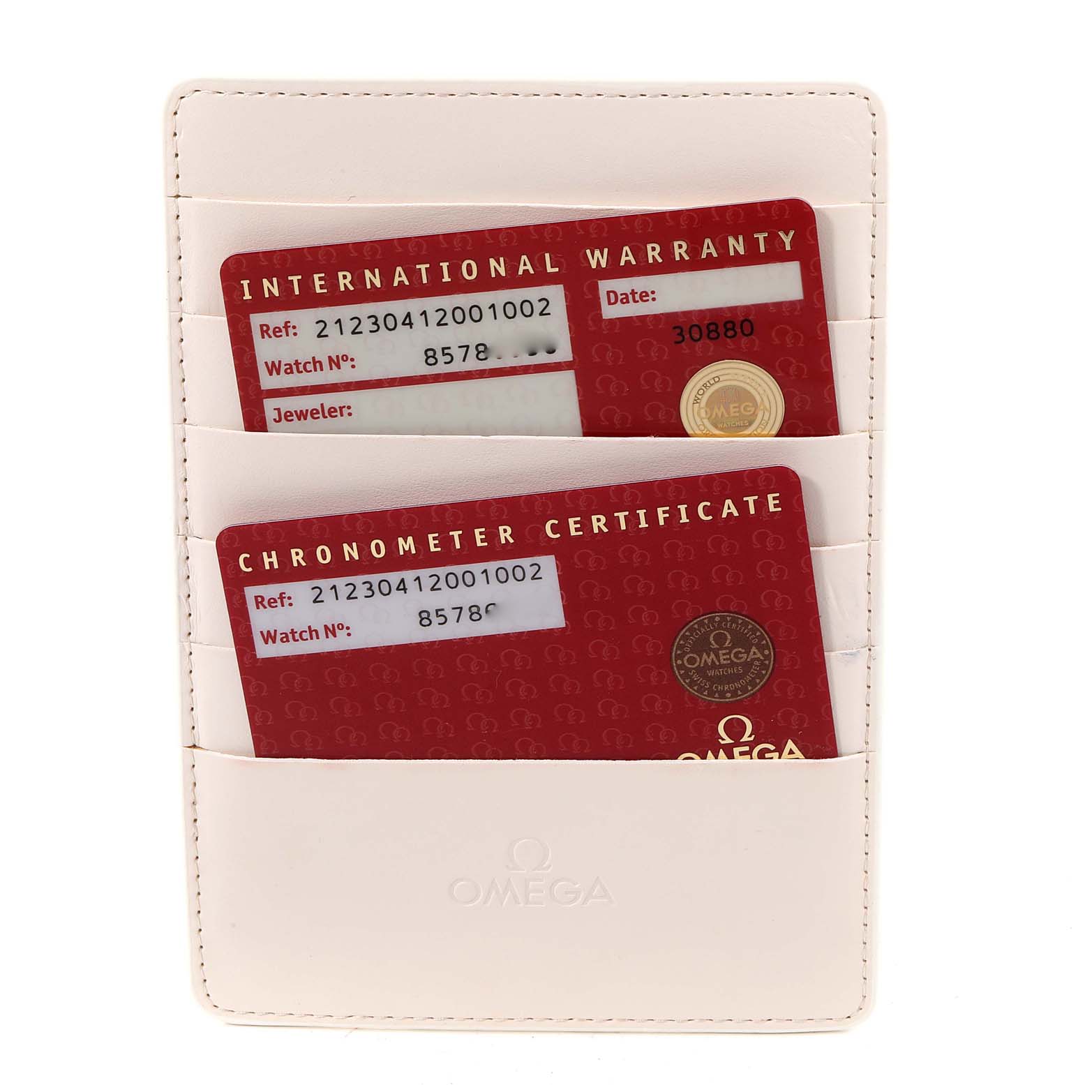 The image shows the international warranty and chronometer certificate cards for an Omega Seamaster 212.30.41.20.01.002 Men's Stainless Steel Black Dial 212.30.41.20.01.002 Men's Stainless Steel Black Dial watch in a white cardholder.