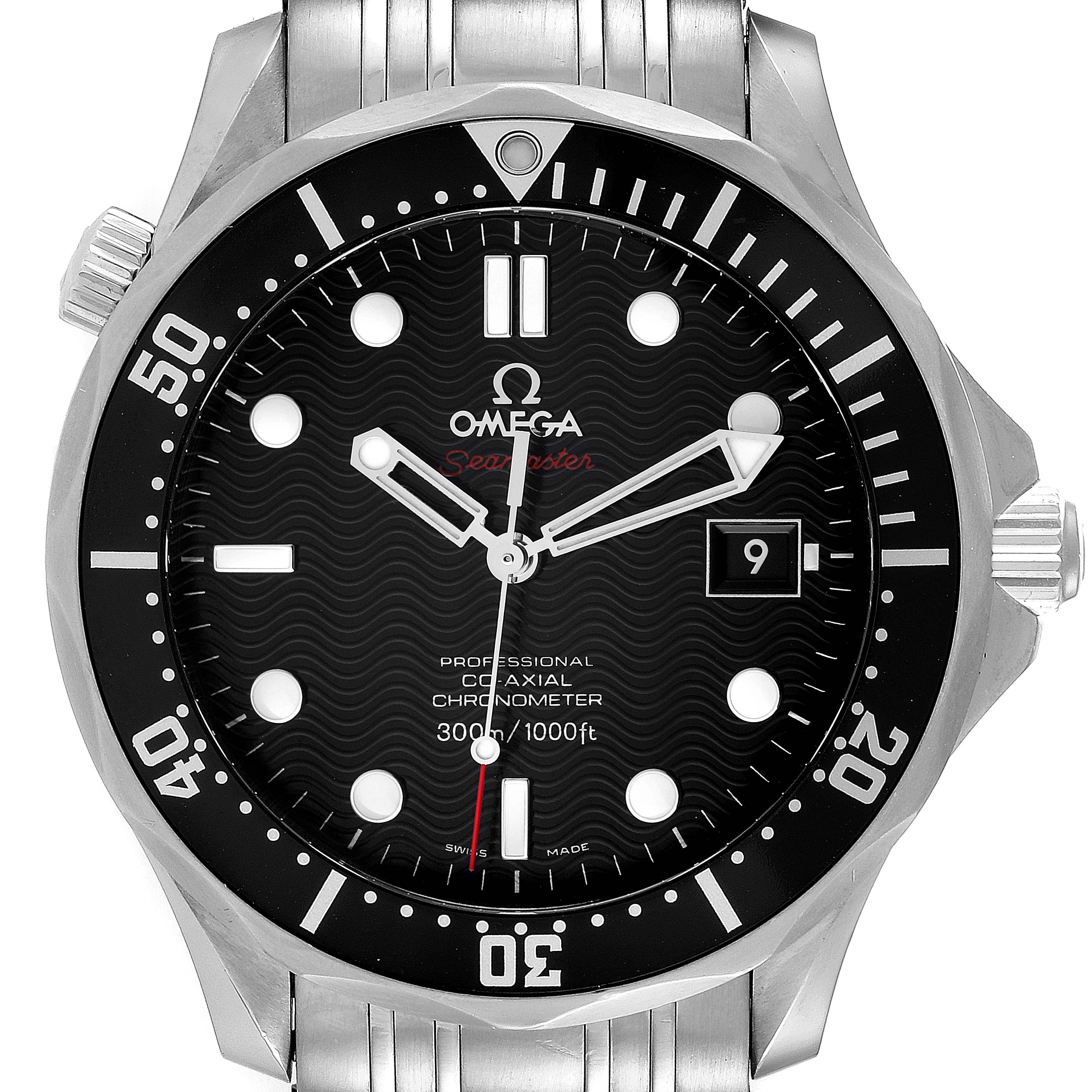 The image shows a front view of the Omega Seamaster 212.30.41.20.01.002 Men's Stainless Steel Black Dial 212.30.41.20.01.002 Men's Stainless Steel Black Dial watch, displaying its face, bezel, dial, and bracelet.