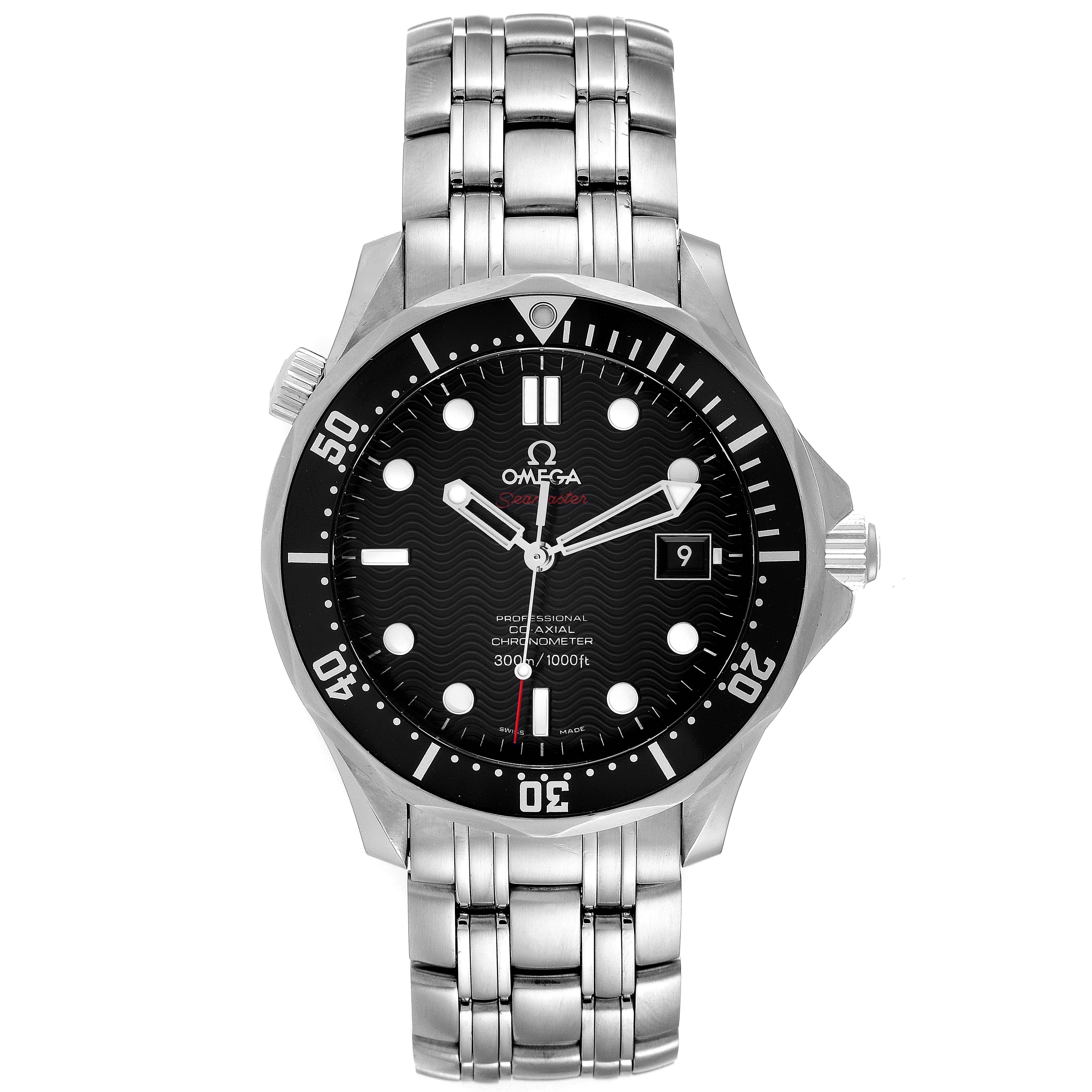 The image shows a front view of an Omega Seamaster 212.30.41.20.01.002 Men's Stainless Steel Black Dial 212.30.41.20.01.002 Men's Stainless Steel Black Dial watch, highlighting its black dial, bezel, and stainless steel bracelet.