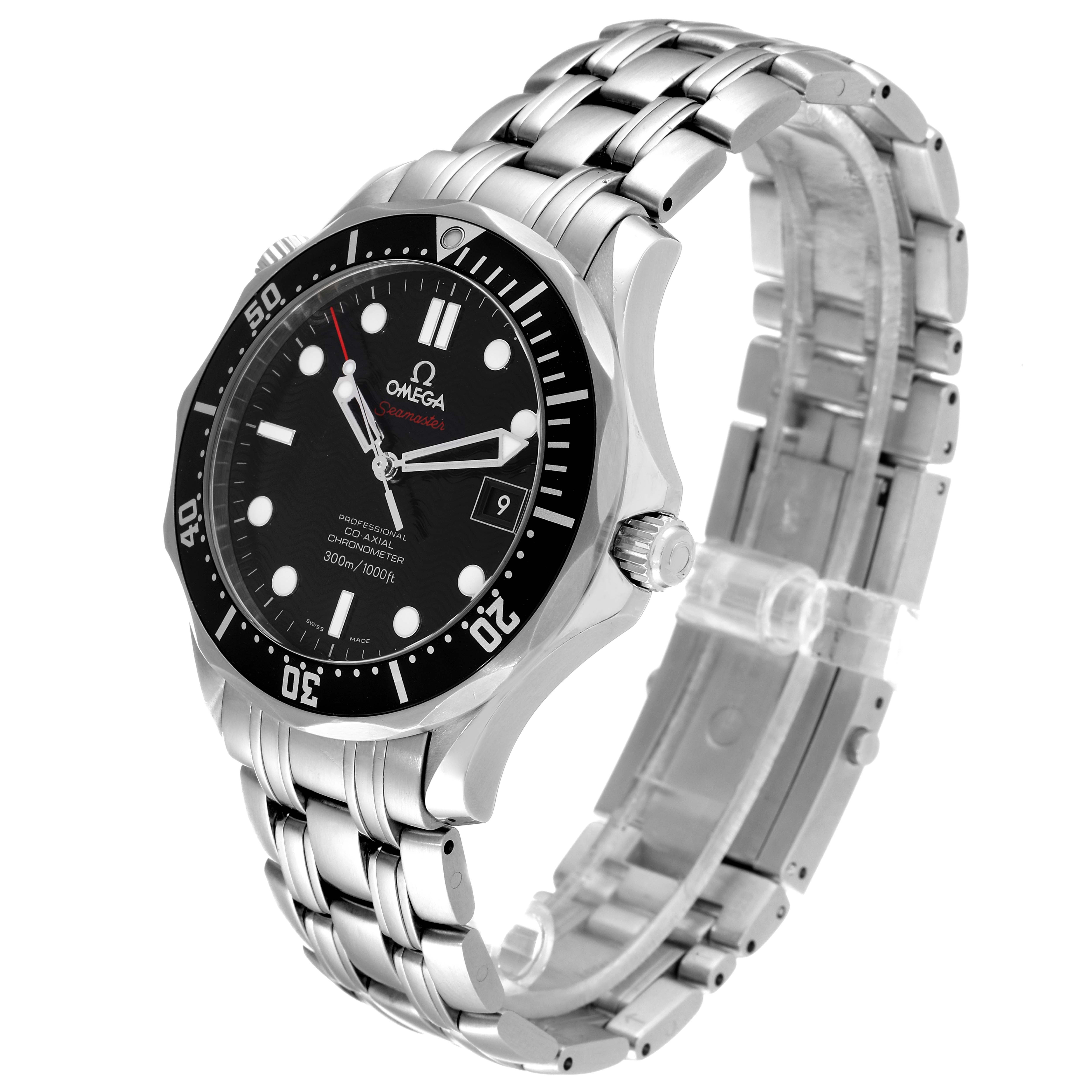 The Omega Seamaster 212.30.41.20.01.002 Men's Stainless Steel Black Dial 212.30.41.20.01.002 Men's Stainless Steel Black Dial watch is shown at a three-quarter angle highlighting the face, bezel, and bracelet.