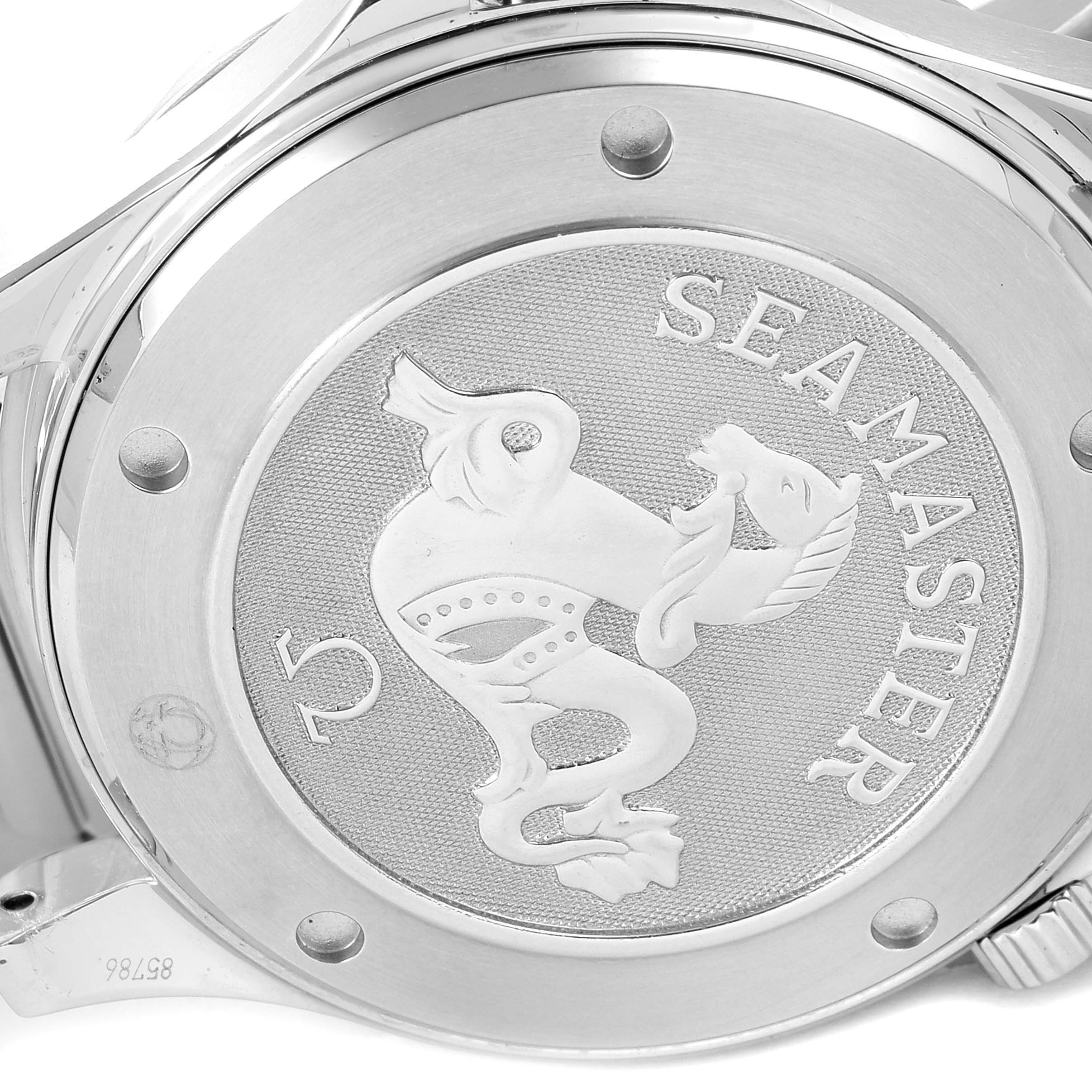 The image shows the back case of the Omega Seamaster 212.30.41.20.01.002 Men's Stainless Steel Black Dial 212.30.41.20.01.002 Men's Stainless Steel Black Dial watch at a close angle.