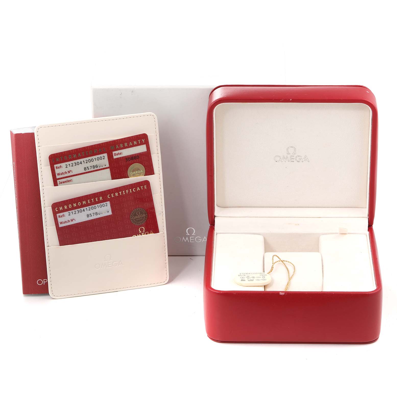 The image shows the Omega Seamaster 212.30.41.20.01.002 Men's Stainless Steel Black Dial 212.30.41.20.01.002 Men's Stainless Steel Black Dial packaging box, warranty cards, certificate, and the watch case.