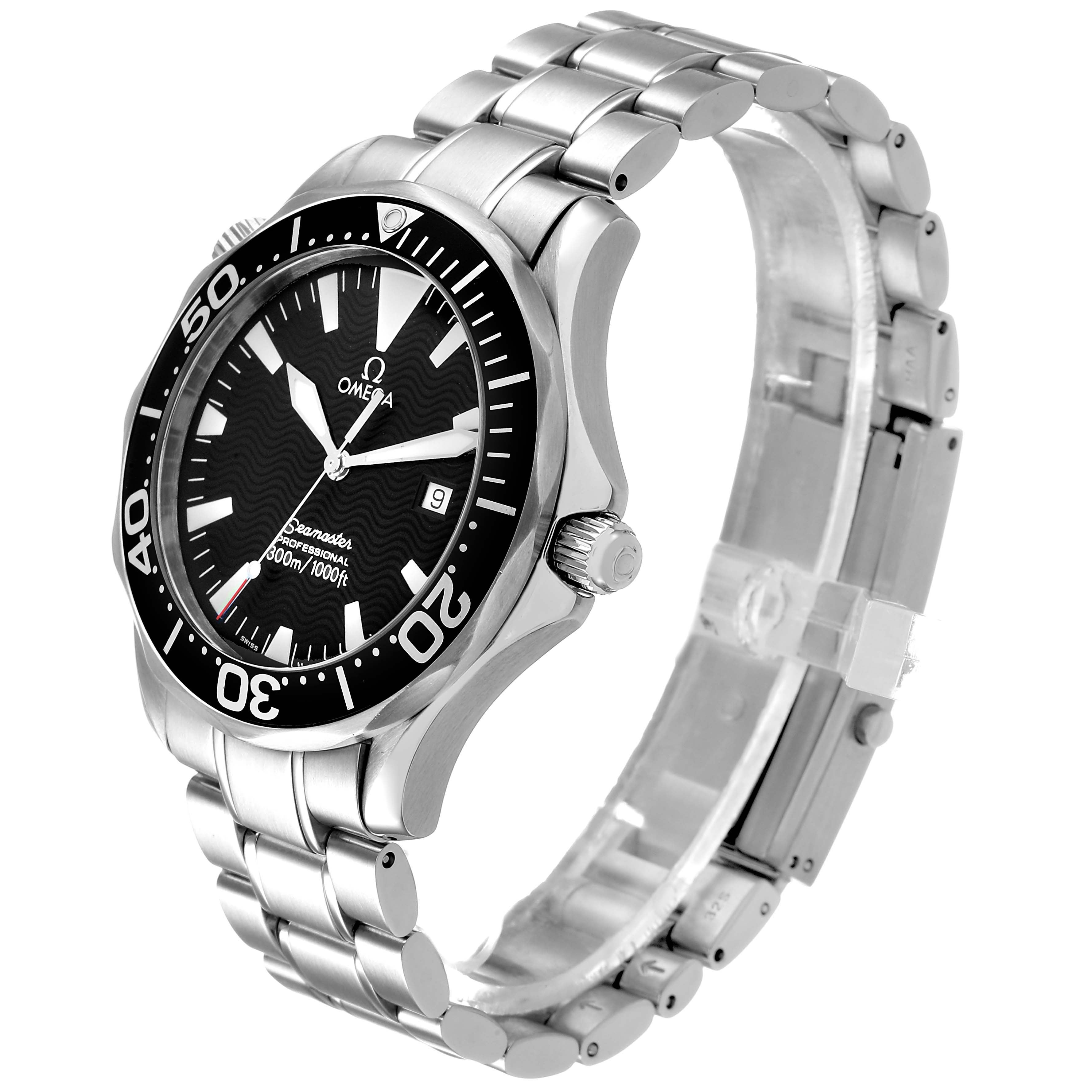The Omega Seamaster 2264.50.00 Men's Stainless Steel Black Dial watch is shown at a slight angle, highlighting its face, bezel, bracelet, and crown.