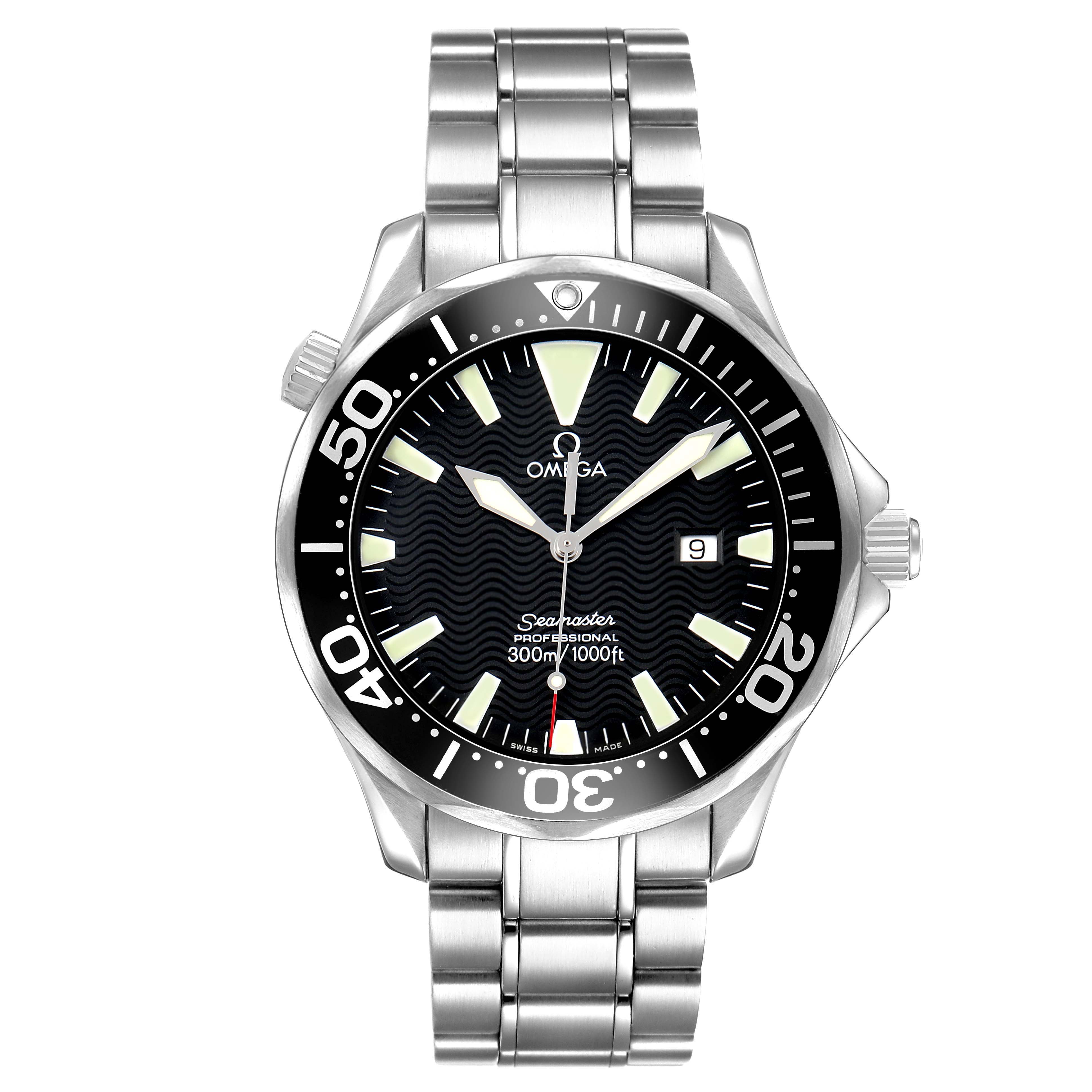 The Omega Seamaster 2264.50.00 Men's Stainless Steel Black Dial watch is shown from the front, highlighting its face, bezel, bracelet, and crown.