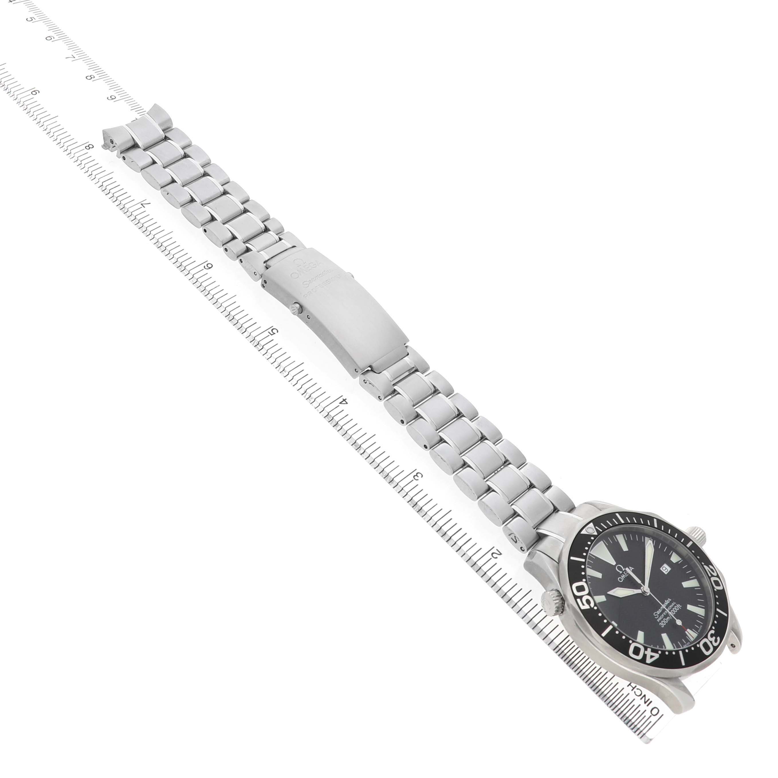 The Omega Seamaster 2264.50.00 Men's Stainless Steel Black Dial watch is shown from an angled top view, highlighting the face and metal bracelet.