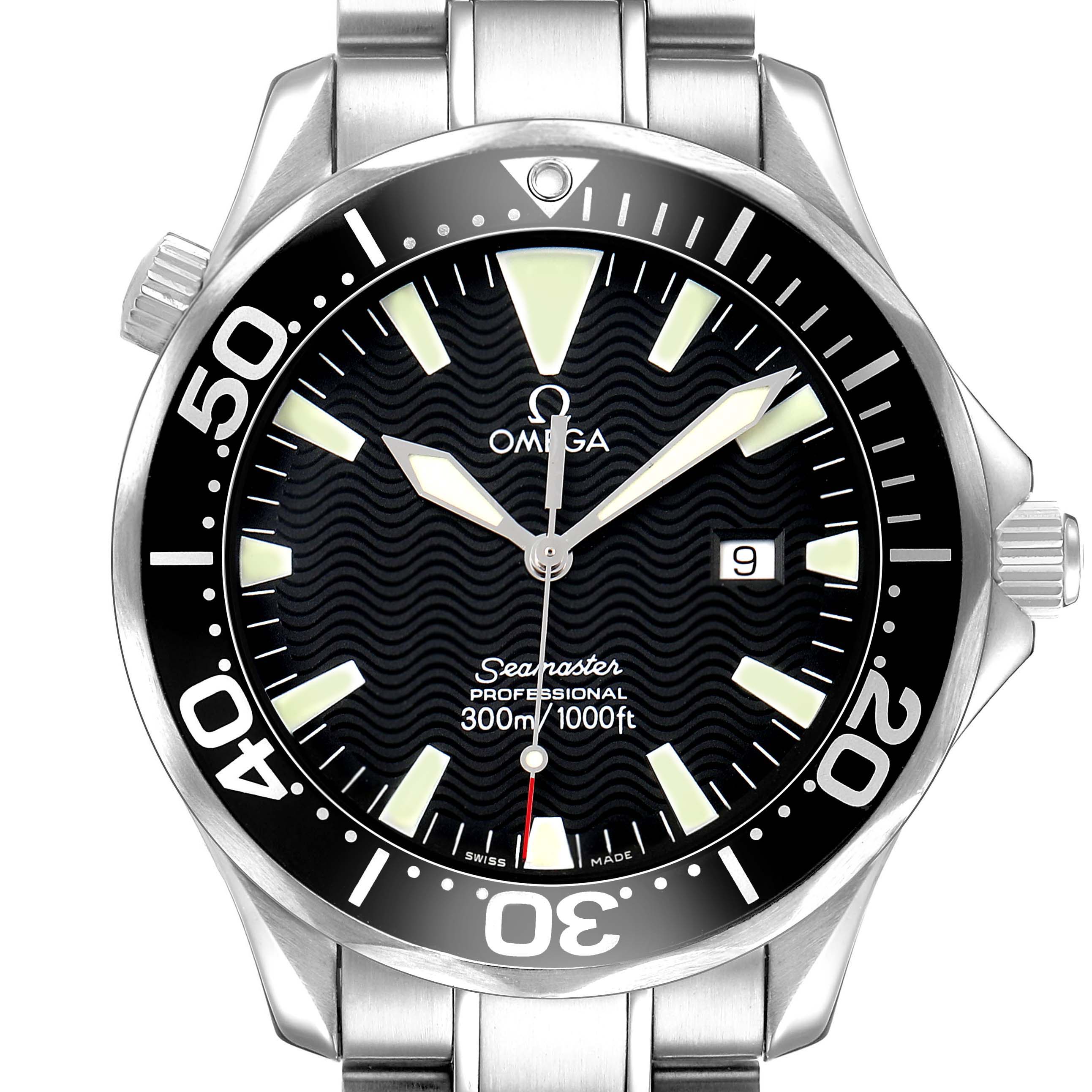 The Omega Seamaster 2264.50.00 Men's Stainless Steel Black Dial watch is shown from the front, displaying the dial, bezel, hands, crown, and part of the bracelet.