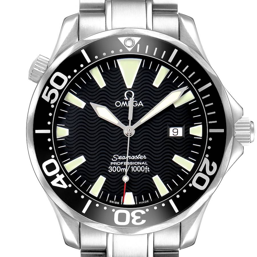 The Omega Seamaster 2264.50.00 Men's Stainless Steel Black Dial watch is shown from the front, displaying the dial, bezel, hands, crown, and part of the bracelet.
