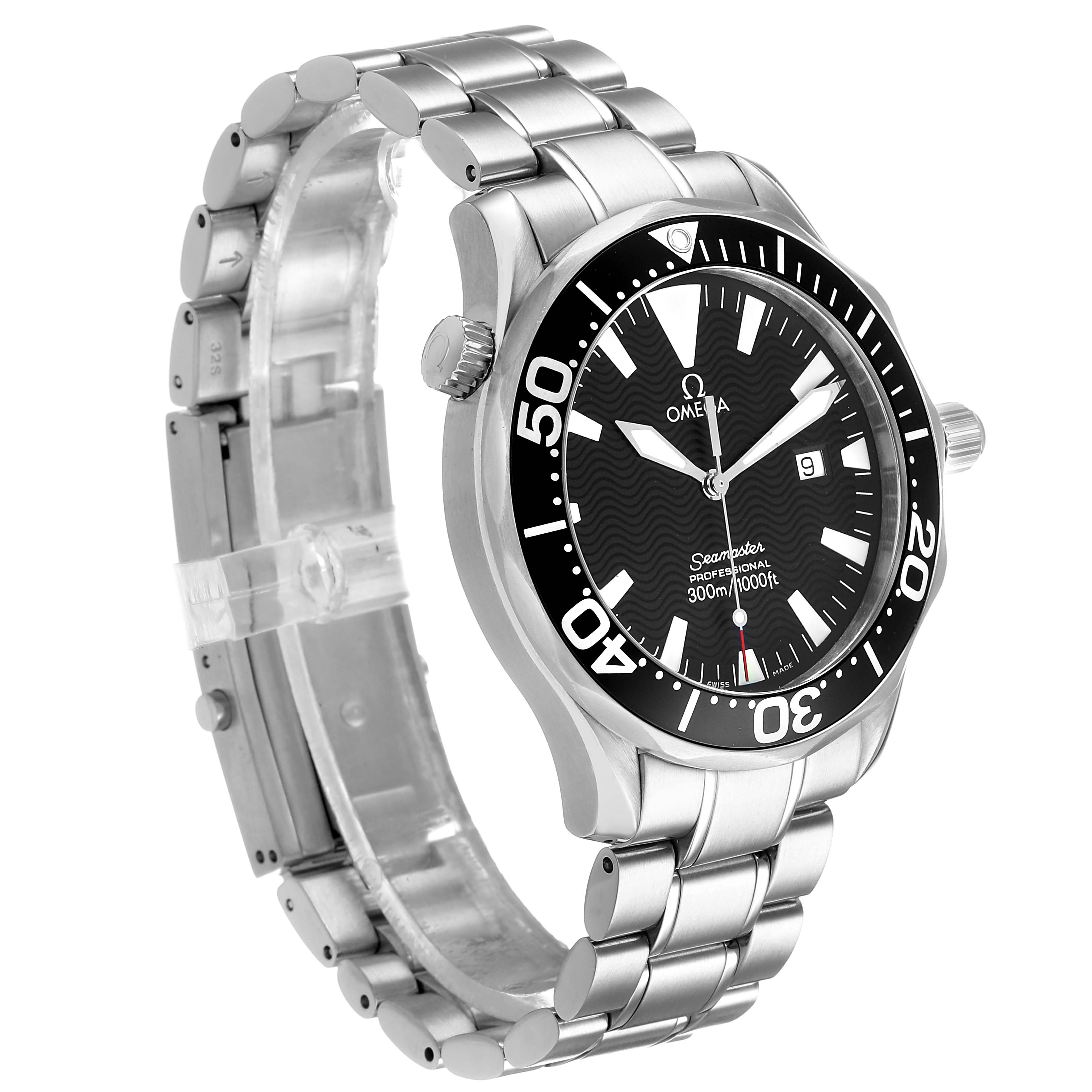 The Omega Seamaster 2264.50.00 Men's Stainless Steel Black Dial watch is shown at a three-quarter angle, highlighting the face, bezel, crown, and metal bracelet.