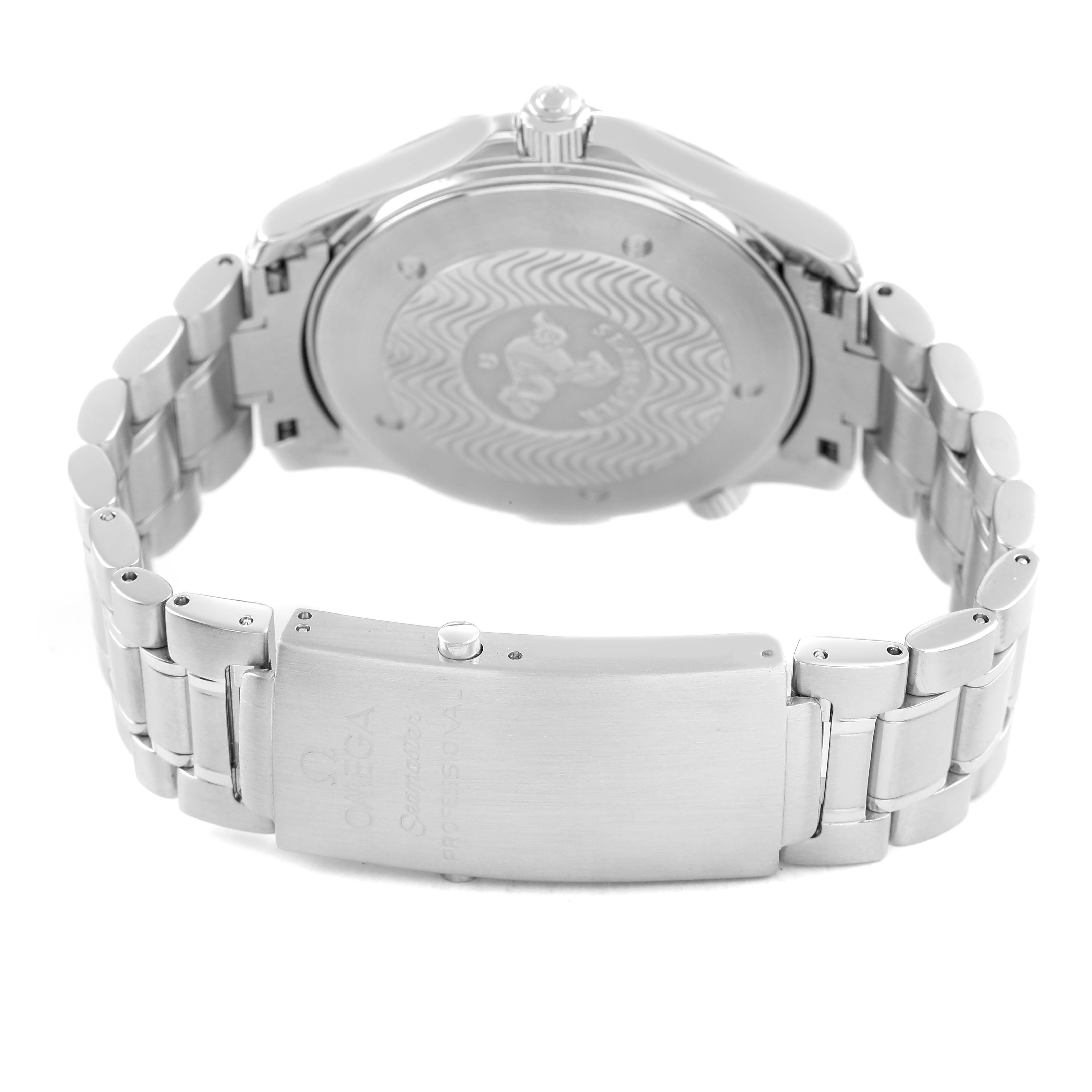 The Omega Seamaster 2264.50.00 Men's Stainless Steel Black Dial watch is shown from the back, highlighting the case back, bracelet, and clasp.