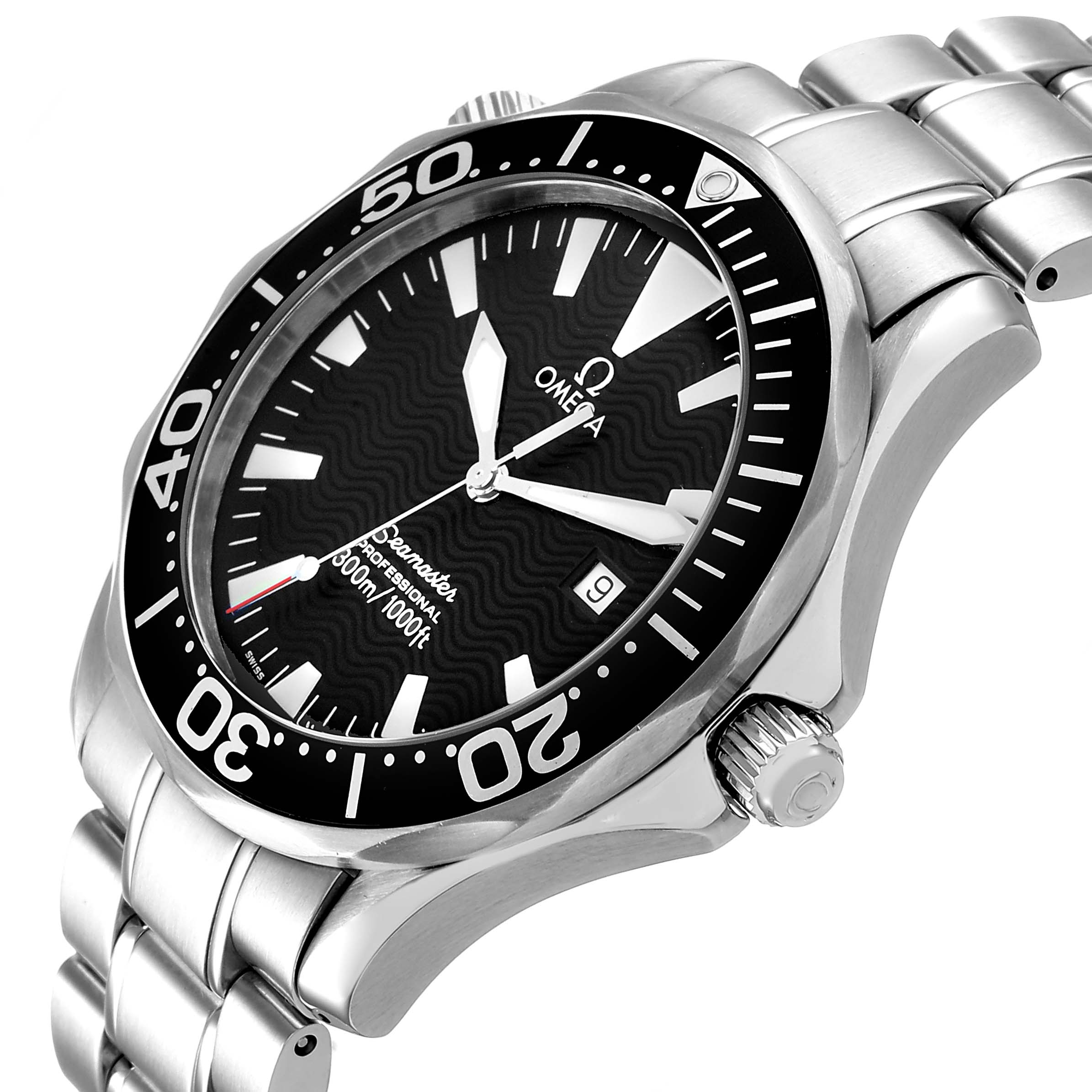 The image shows the Omega Seamaster 2264.50.00 Men's Stainless Steel Black Dial watch at an angled side view, highlighting the bezel, crown, and part of the bracelet.