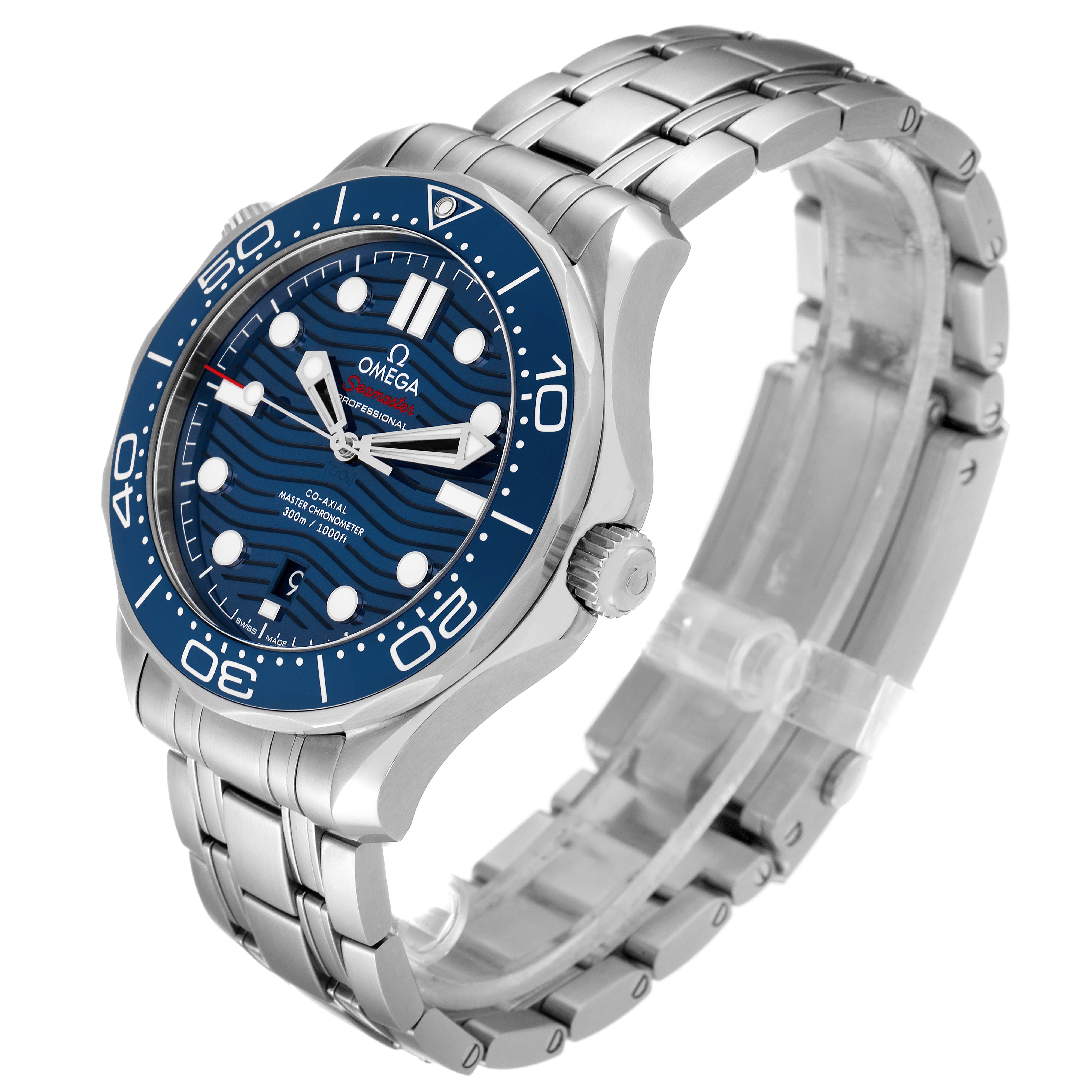 The Omega Seamaster 210.30.42.20.03.001 Men's Stainless Steel Blue Dial 210.30.42.20.03.001 Men's Stainless Steel Blue Dial watch is shown at an angled view, displaying the face, bezel, and part of the bracelet.