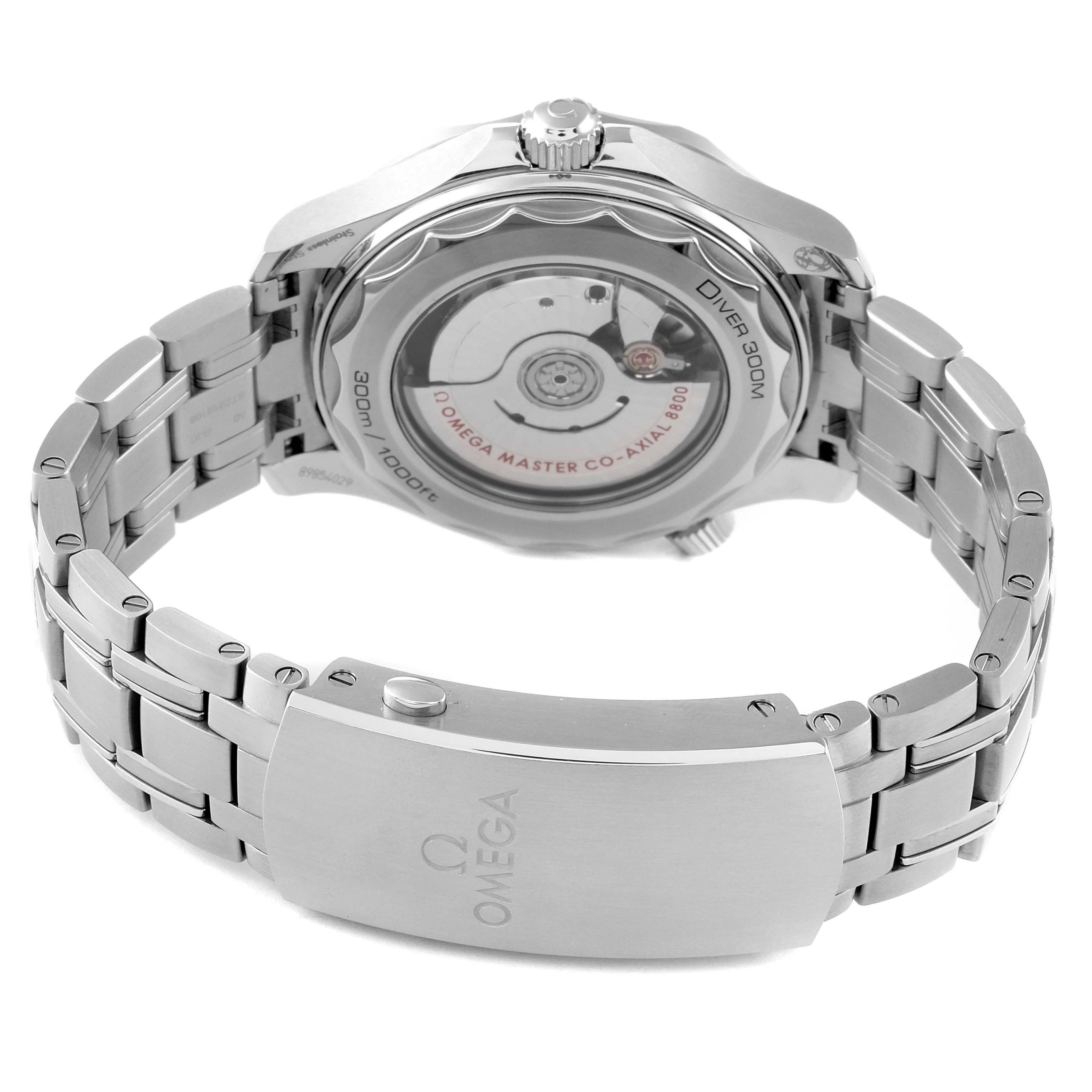 The image shows the back view of an Omega Seamaster 210.30.42.20.03.001 Men's Stainless Steel Blue Dial 210.30.42.20.03.001 Men's Stainless Steel Blue Dial watch, highlighting the automatic movement and part of the bracelet clasp.