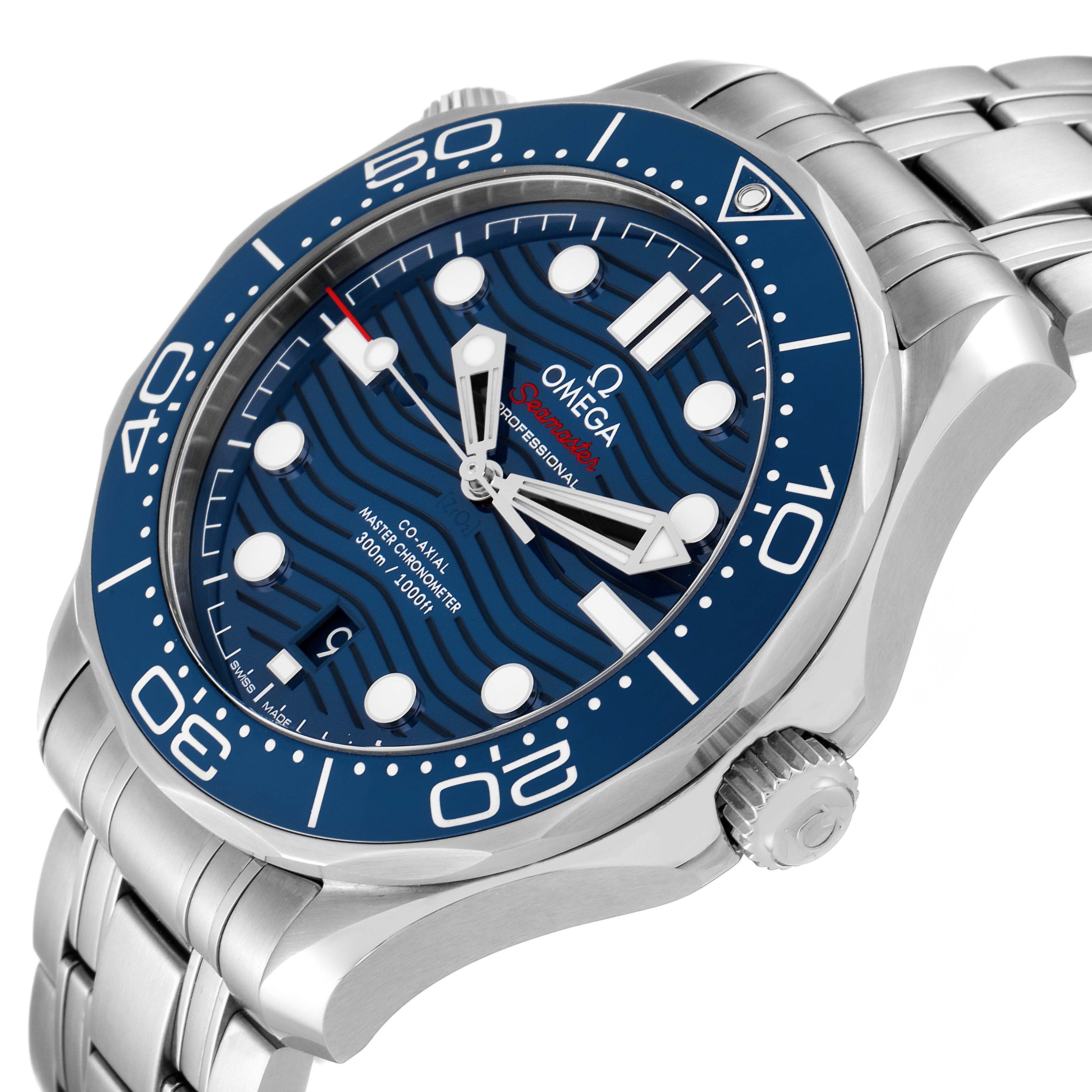 The Omega Seamaster 210.30.42.20.03.001 Men's Stainless Steel Blue Dial 210.30.42.20.03.001 Men's Stainless Steel Blue Dial watch is shown at an angle highlighting the front dial, bezel, crown, and part of the bracelet.