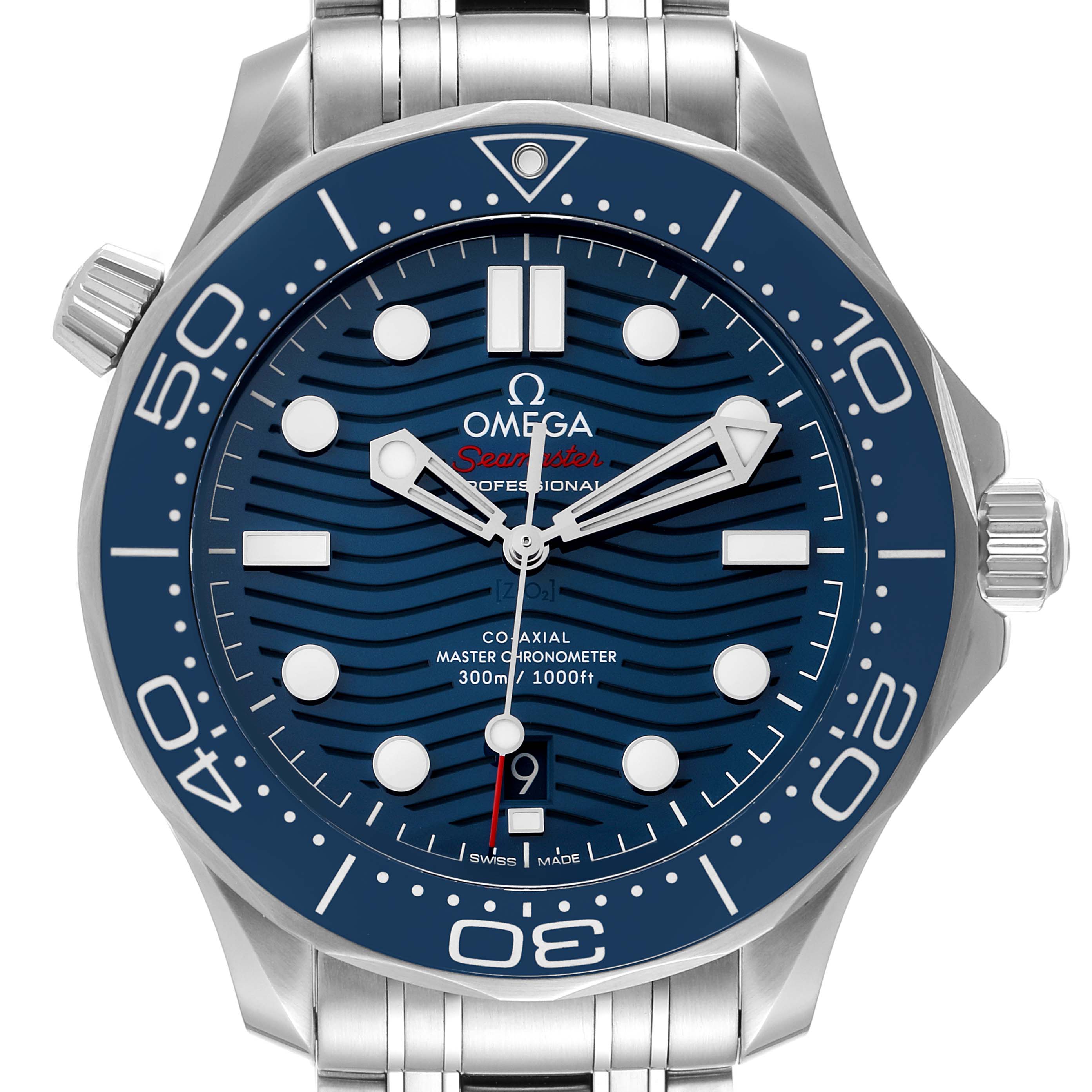 This is a front view of the Omega Seamaster 210.30.42.20.03.001 Men's Stainless Steel Blue Dial 210.30.42.20.03.001 Men's Stainless Steel Blue Dial watch, showing the dial, bezel, crown, and part of the bracelet.