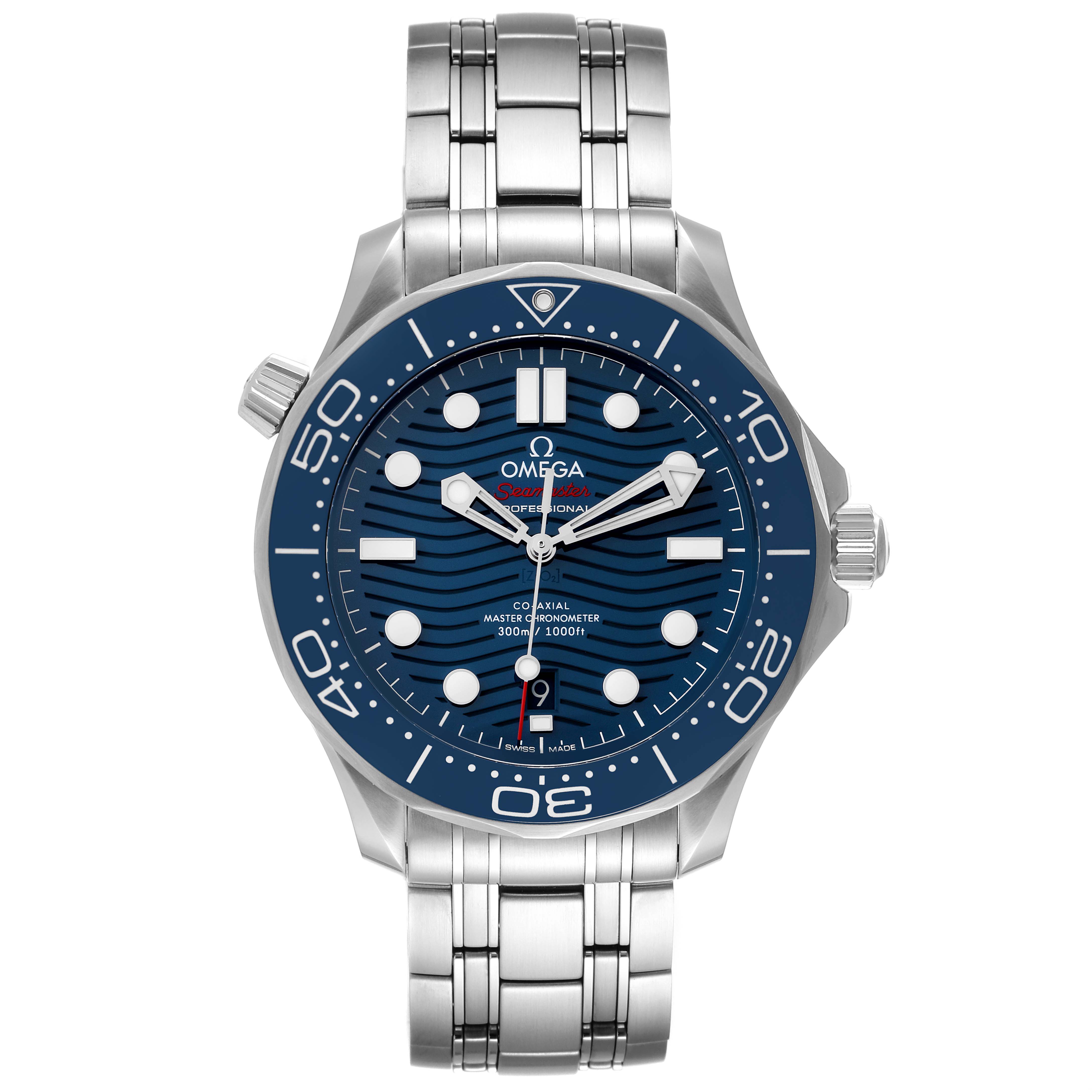This image shows a front view of an Omega Seamaster 210.30.42.20.03.001 Men's Stainless Steel Blue Dial 210.30.42.20.03.001 Men's Stainless Steel Blue Dial watch, featuring its face, bezel, crown, and bracelet.