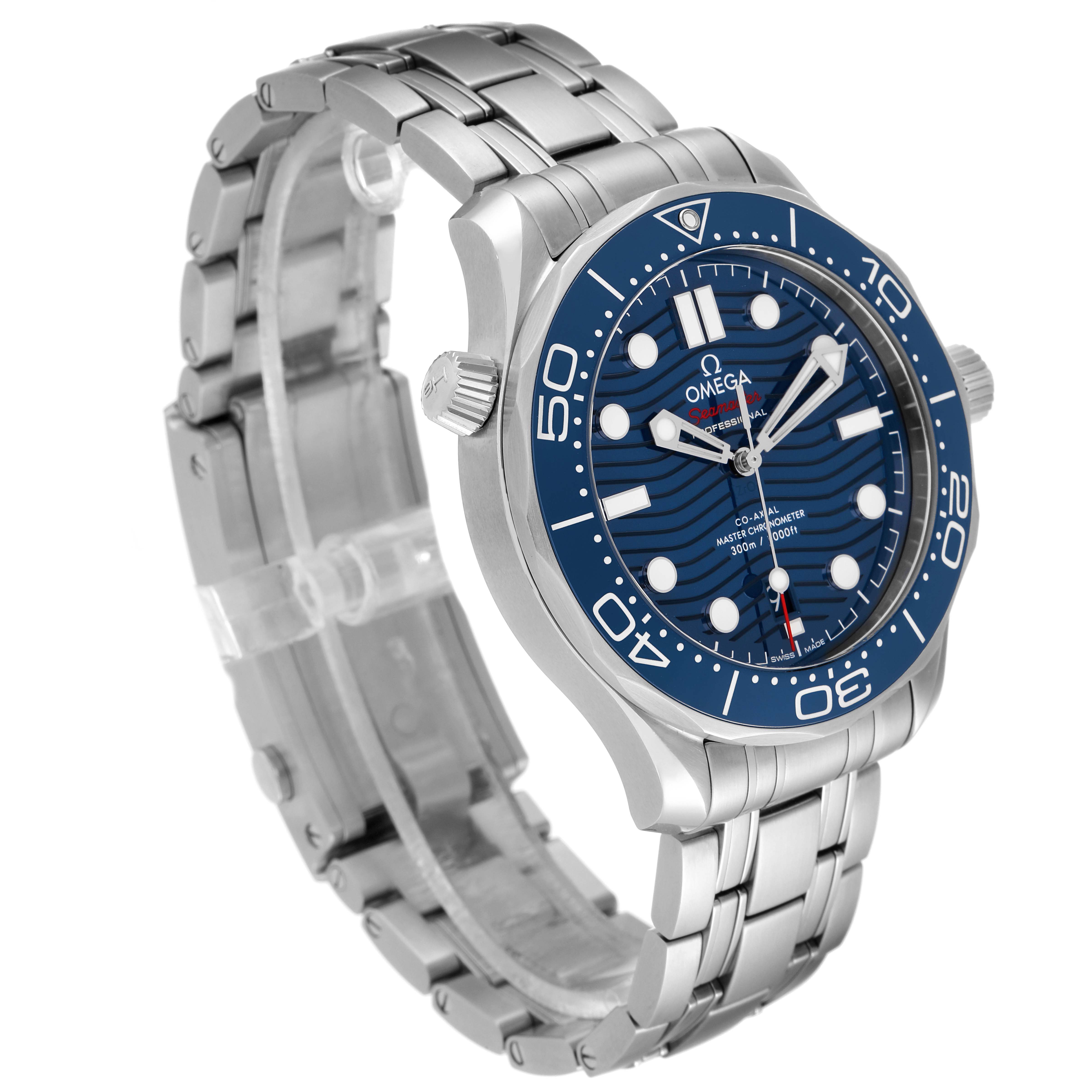 This image shows a side angle of the Omega Seamaster 210.30.42.20.03.001 Men's Stainless Steel Blue Dial 210.30.42.20.03.001 Men's Stainless Steel Blue Dial watch, highlighting the blue dial, bezel, and stainless steel bracelet.