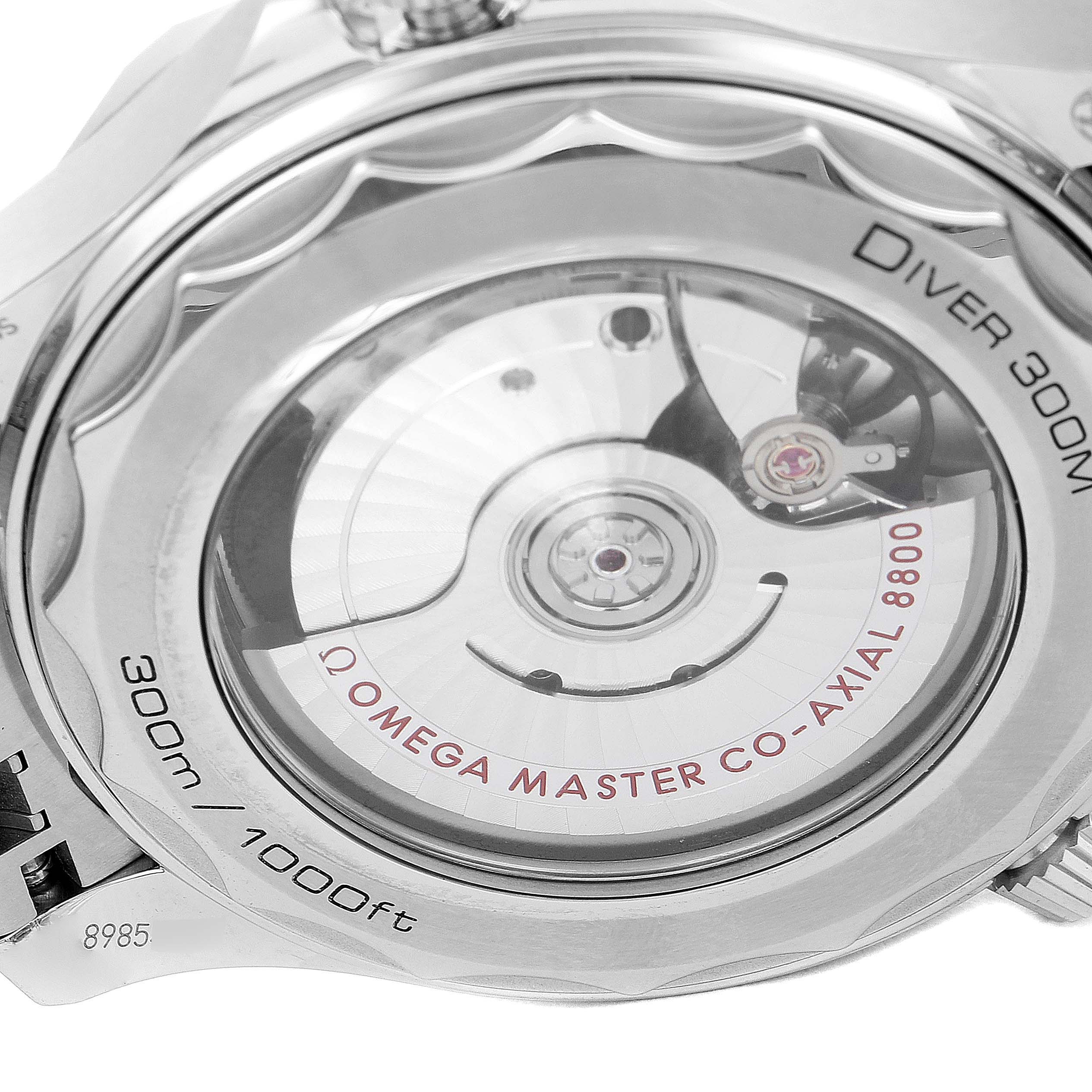 The image shows the case back of an Omega Seamaster 210.30.42.20.03.001 Men's Stainless Steel Blue Dial 210.30.42.20.03.001 Men's Stainless Steel Blue Dial Diver 300M, revealing the movement and specifications.