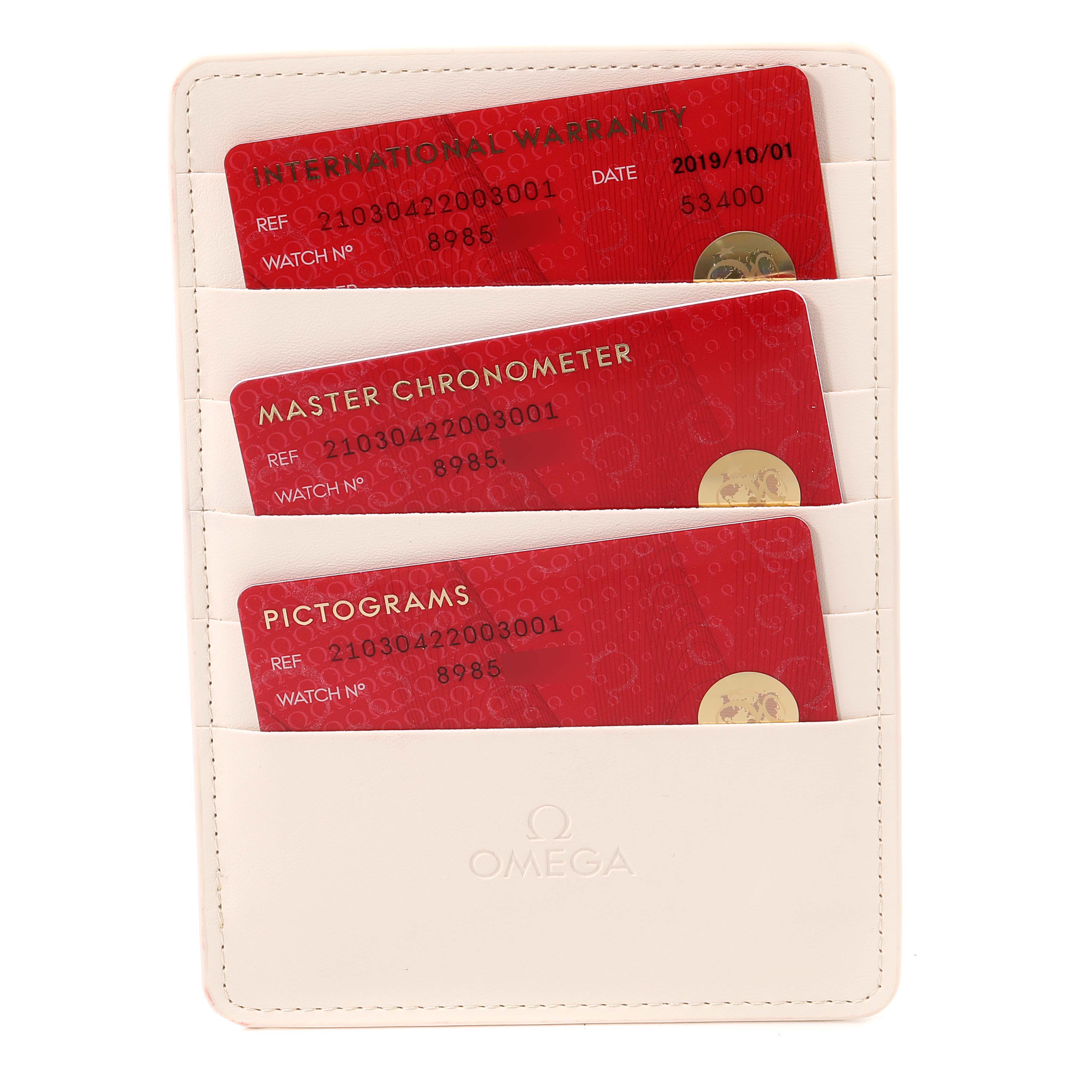 The image shows Omega Seamaster 210.30.42.20.03.001 Men's Stainless Steel Blue Dial 210.30.42.20.03.001 Men's Stainless Steel Blue Dial watch cards: International Warranty, Master Chronometer, and Pictograms, in a white cardholder.