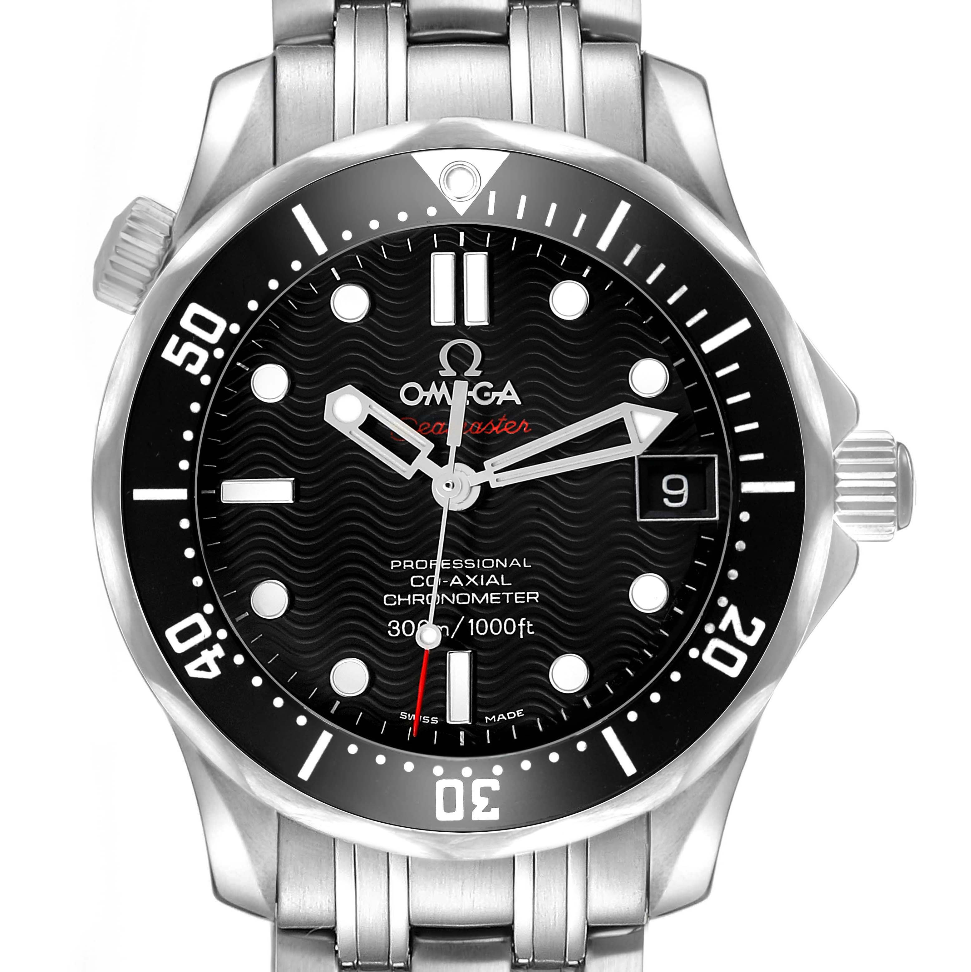 The image shows a front view of an Omega Seamaster 212.30.36.20.01.001 Men's Stainless Steel Black Dial watch, displaying its black dial, bezel, and metal bracelet.