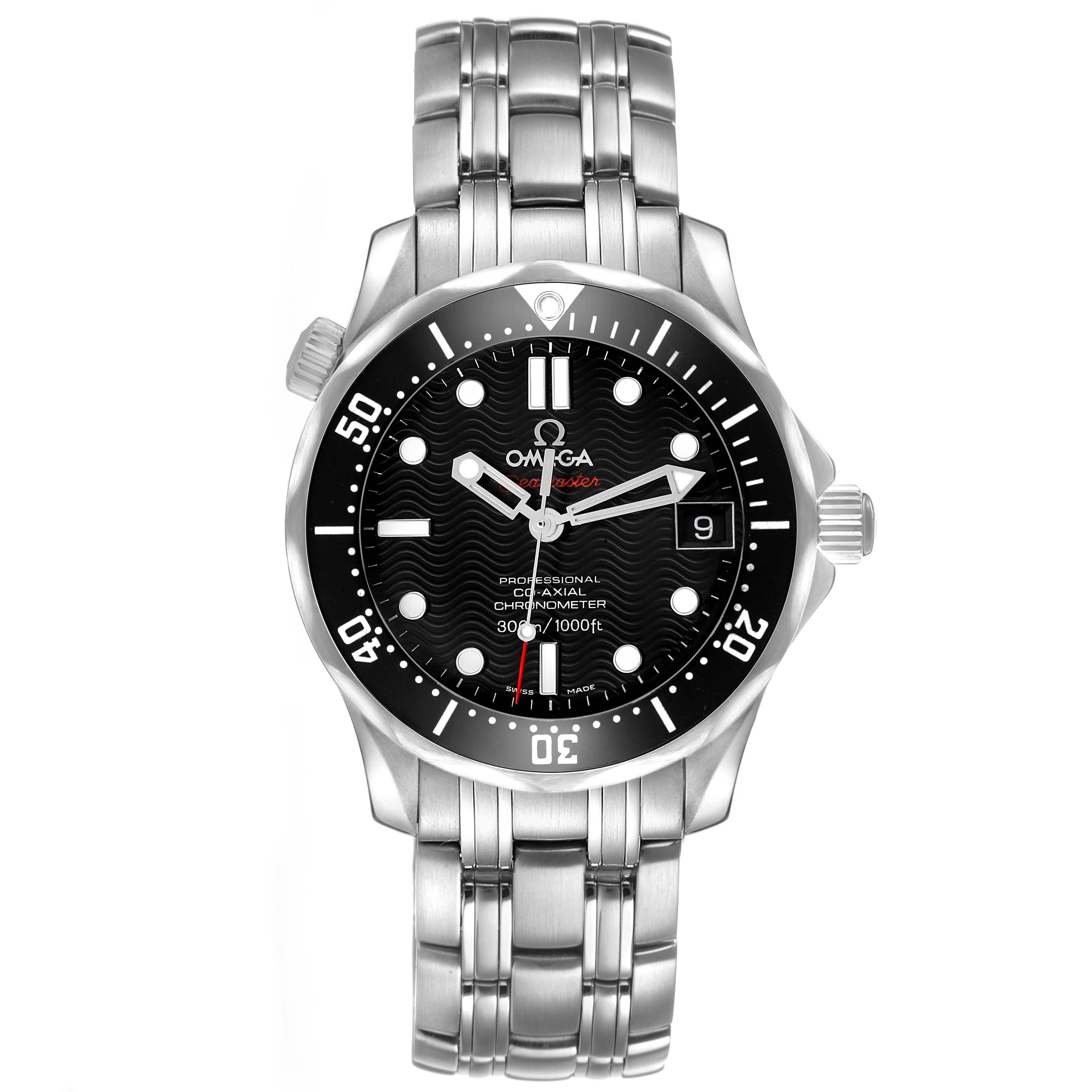 The Omega Seamaster 212.30.36.20.01.001 Men's Stainless Steel Black Dial watch is shown from a top-down angle, displaying its dial, bezel, and metal bracelet.