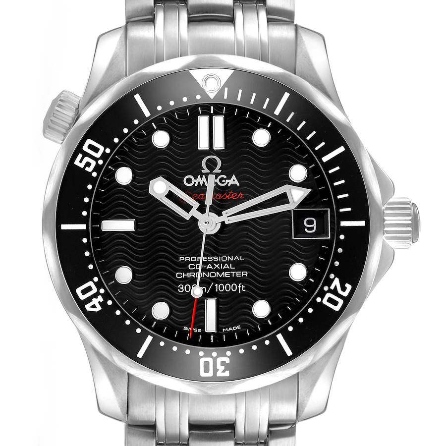 The Omega Seamaster 212.30.36.20.01.001 Men's Stainless Steel Black Dial watch is shown from a front angle, displaying the face, bezel, and part of the bracelet.