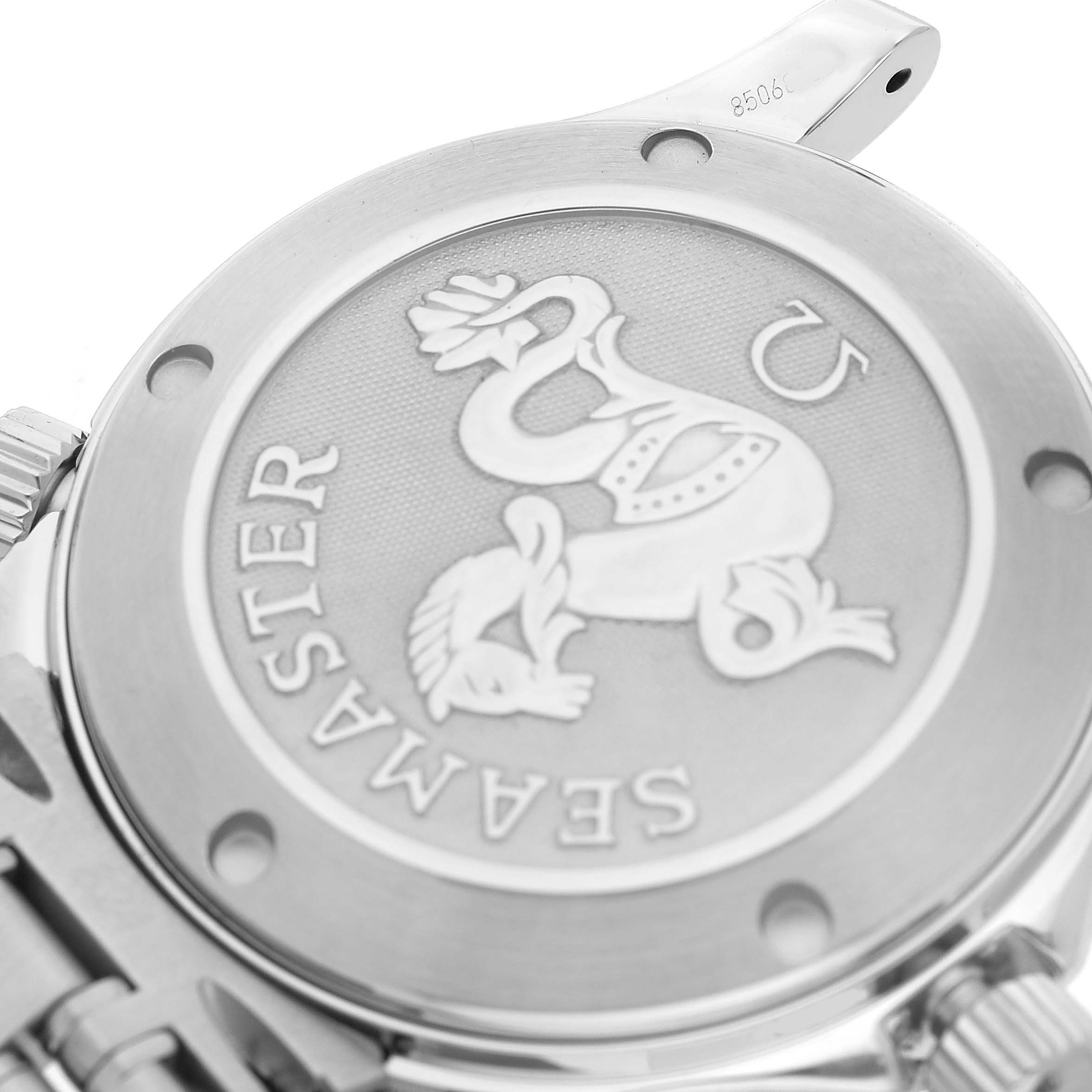 The Omega Seamaster 212.30.36.20.01.001 Men's Stainless Steel Black Dial watch is shown from the back, highlighting the engraved emblem and part of the bracelet.