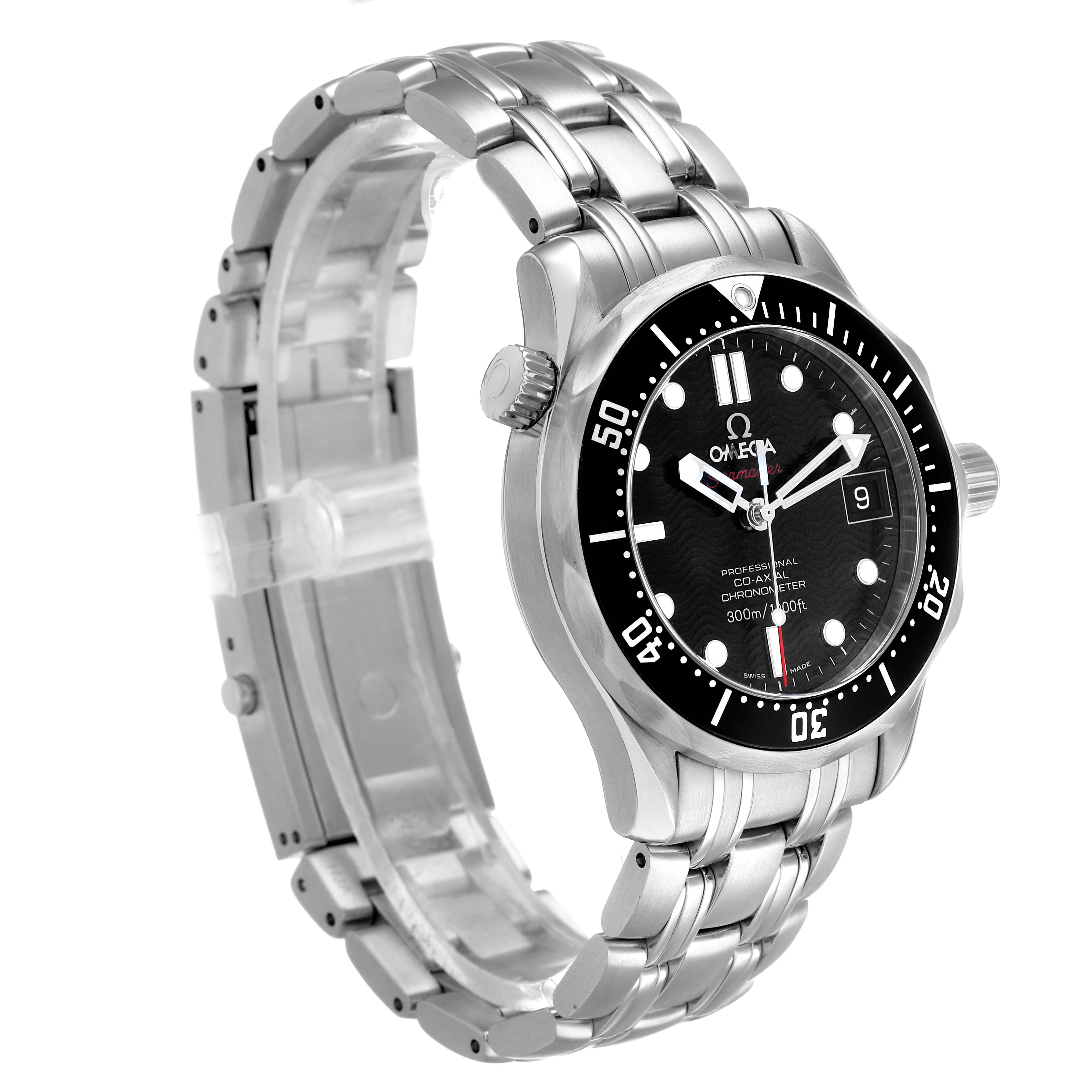 The Omega Seamaster 212.30.36.20.01.001 Men's Stainless Steel Black Dial watch is shown at a three-quarter angle, highlighting the black bezel, dial, bracelet, and clasp.