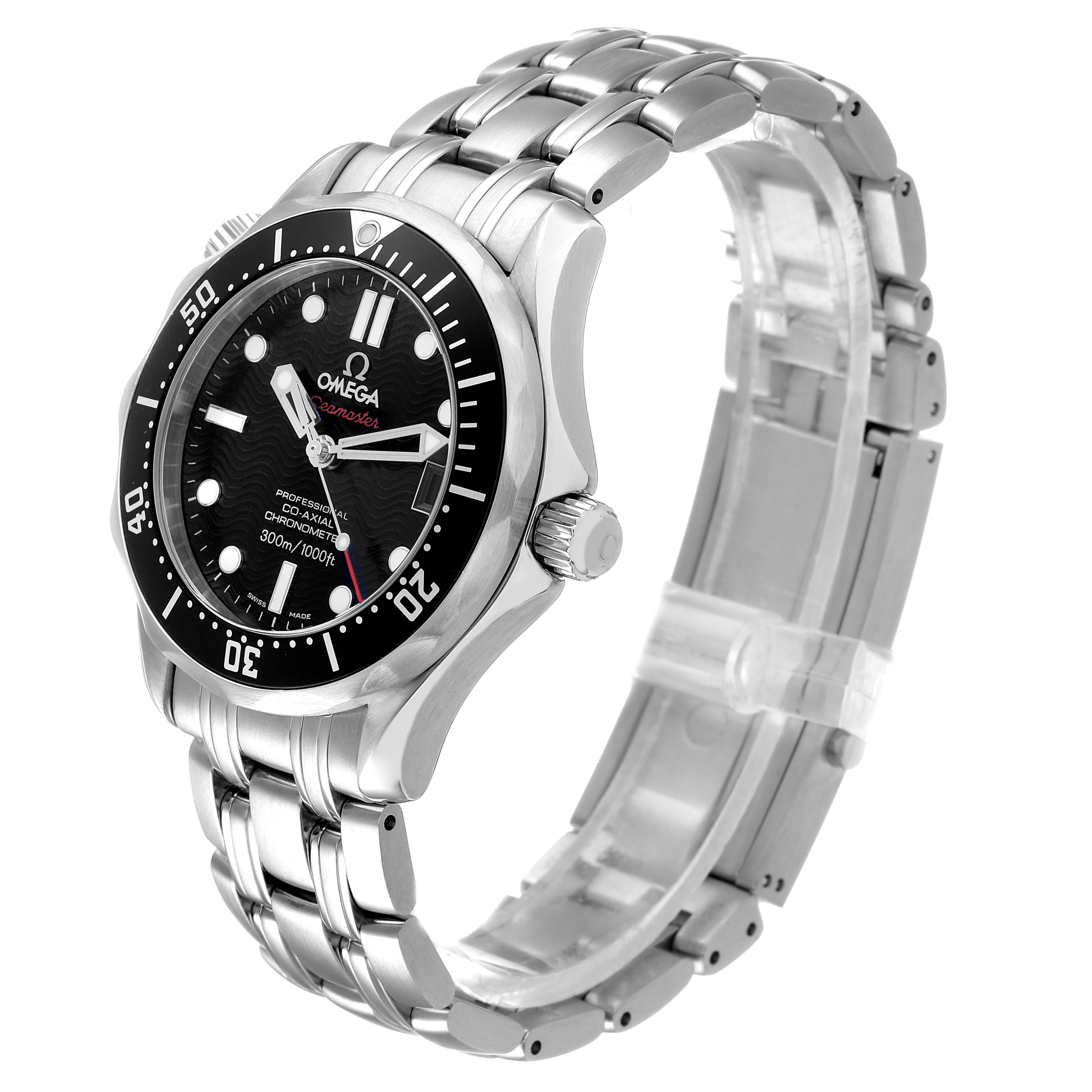 The Omega Seamaster 212.30.36.20.01.001 Men's Stainless Steel Black Dial watch is displayed at a three-quarter angle, showcasing its face, bezel, crown, and part of the metal bracelet.