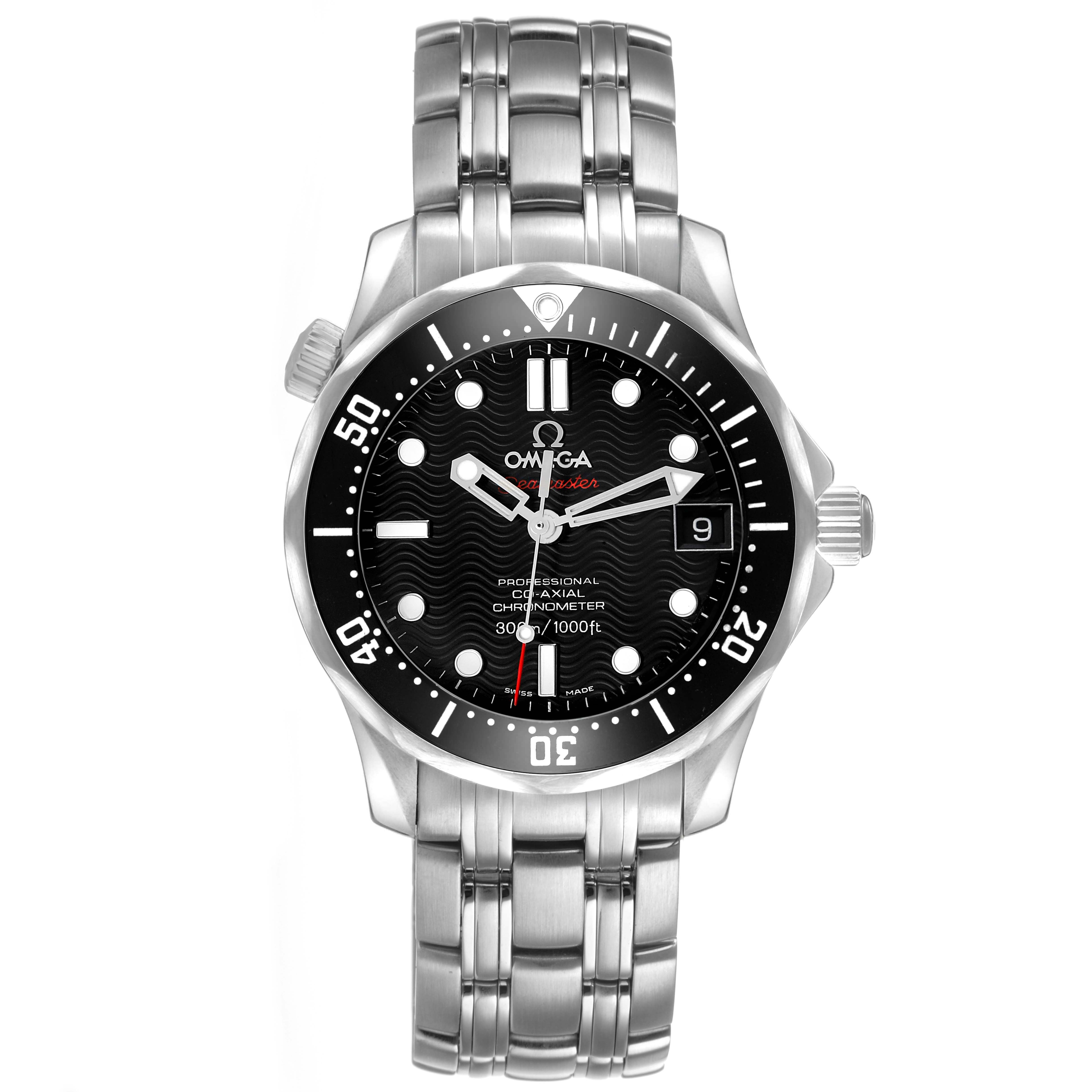 The Omega Seamaster 212.30.36.20.01.001 Men's Stainless Steel Black Dial watch is shown from a straight-on angle, displaying the face, bezel, and part of the stainless steel bracelet.