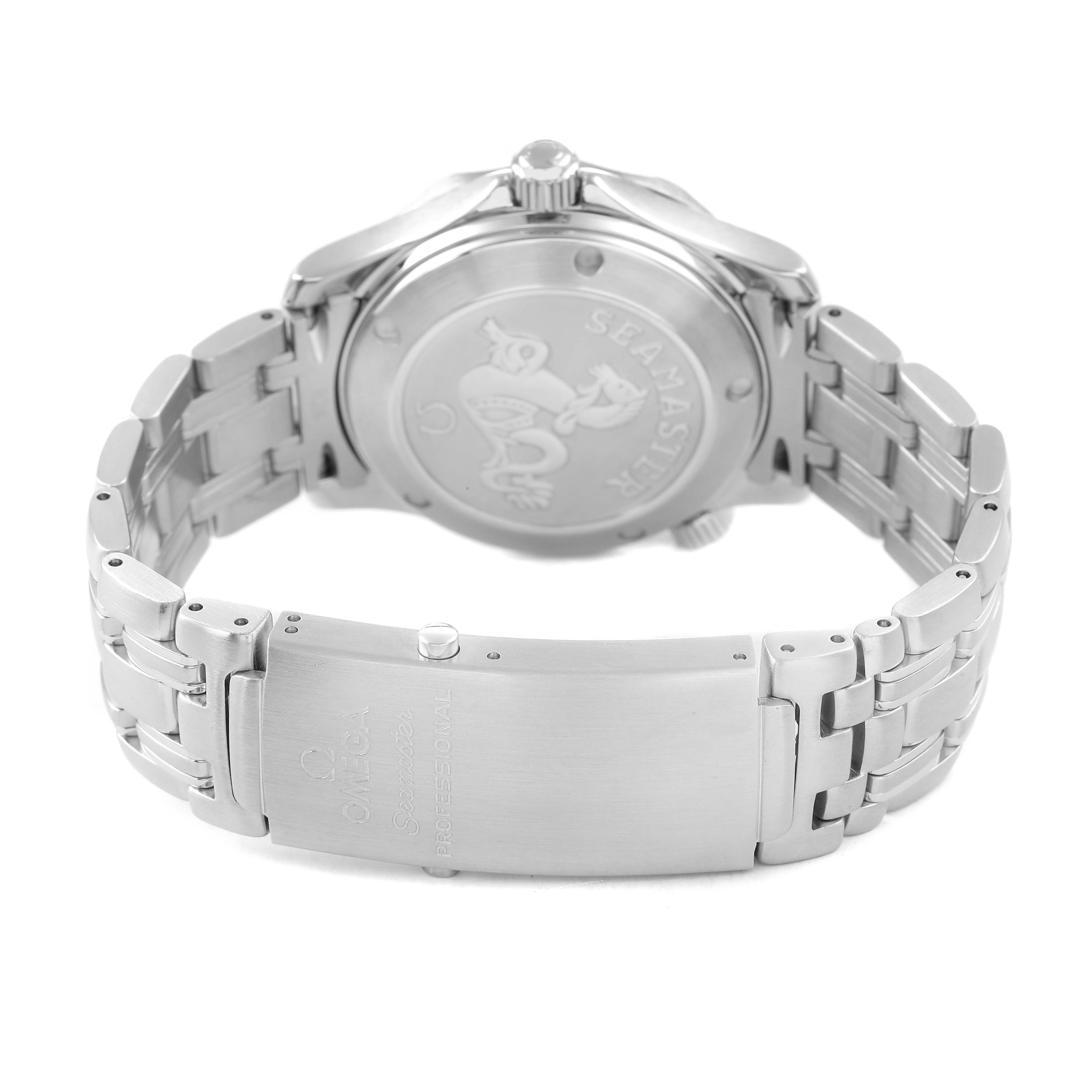 The image shows the back of an Omega Seamaster 212.30.36.20.01.001 Men's Stainless Steel Black Dial watch, highlighting its bracelet, clasp, and case back.