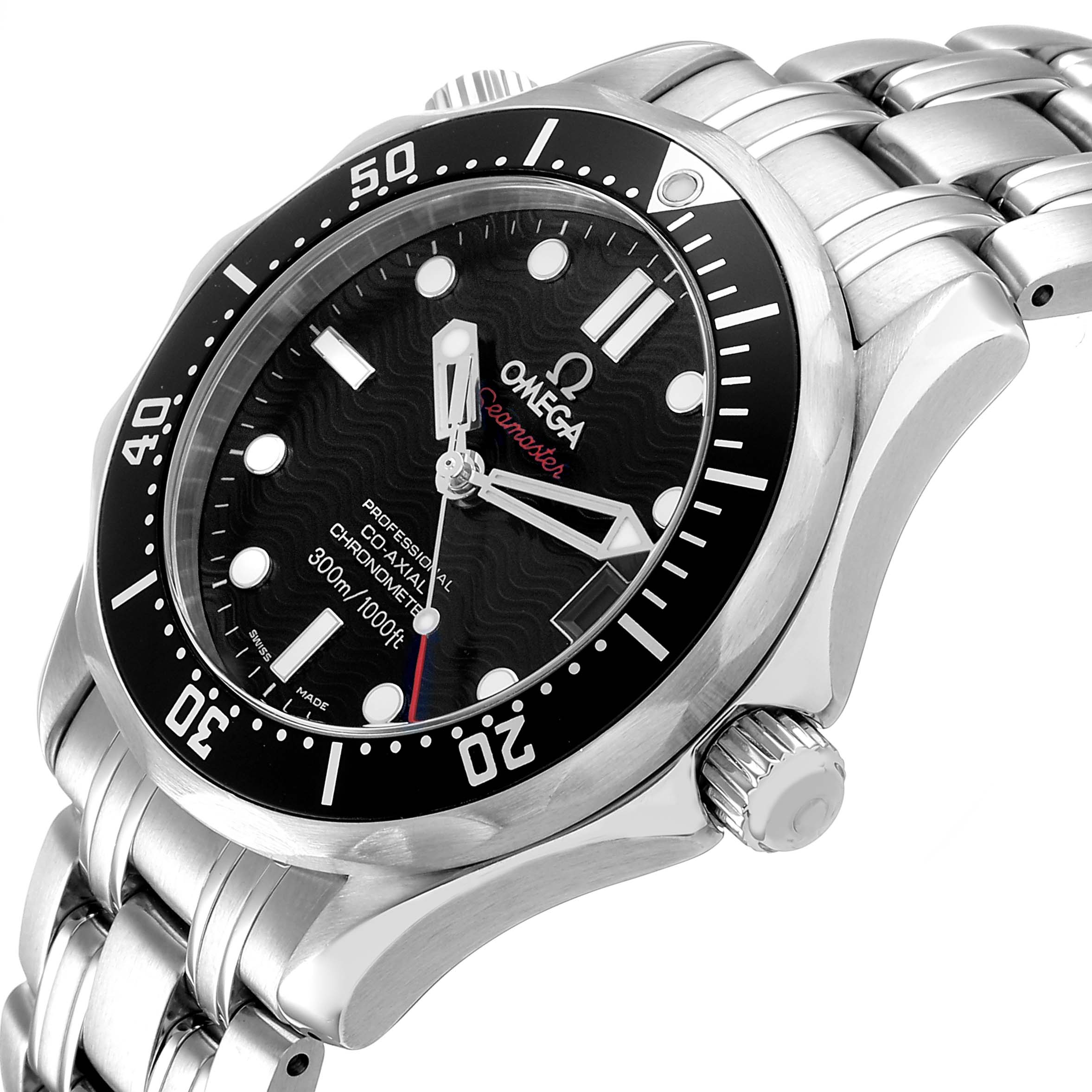 The Omega Seamaster 212.30.36.20.01.001 Men's Stainless Steel Black Dial watch is shown at a three-quarter angle, displaying the dial, bezel, crown, and part of the bracelet.