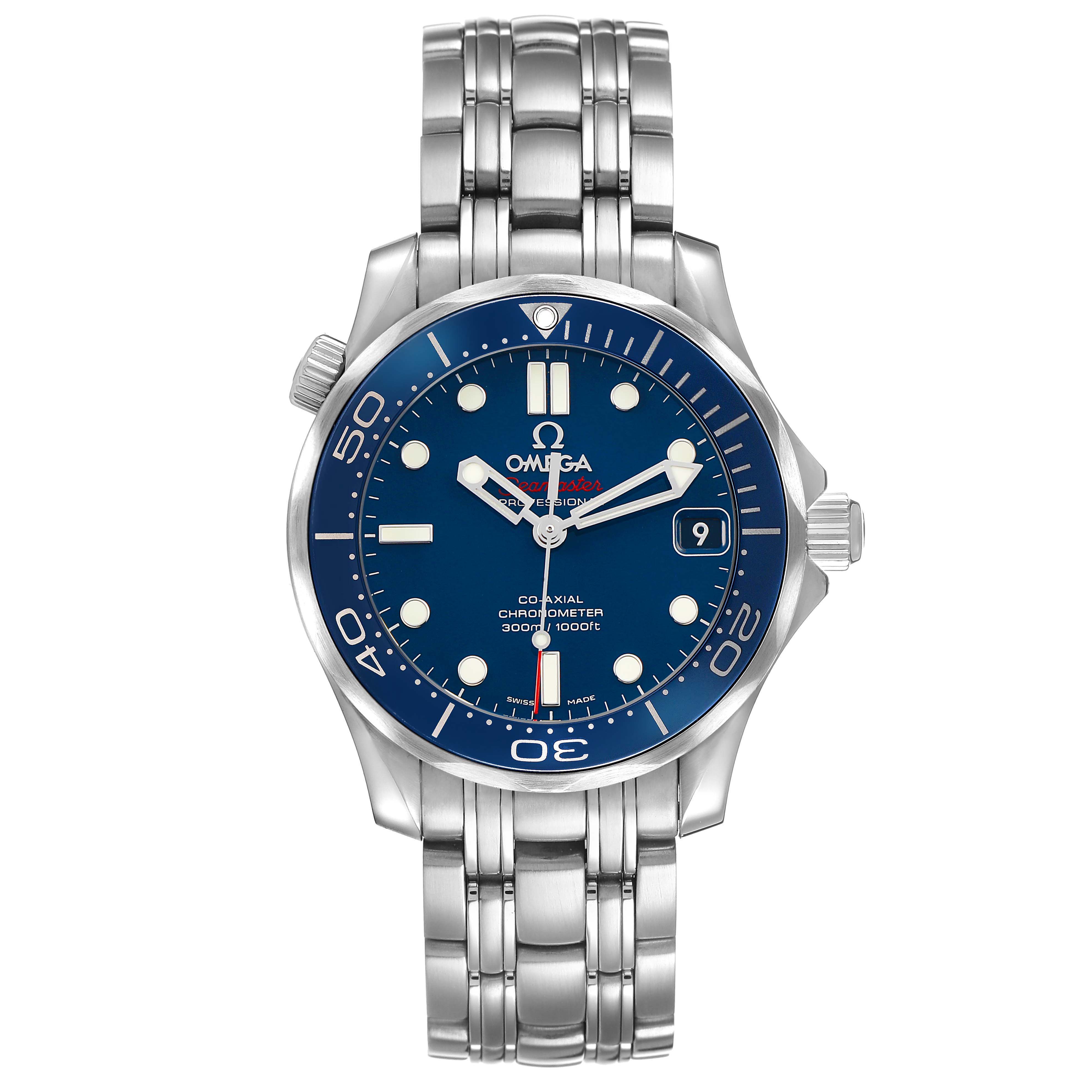 The Omega Seamaster 212.30.36.20.03.001 Men's Stainless Steel Blue Dial watch is shown from the front, displaying the dial, bezel, crown, and part of the bracelet.