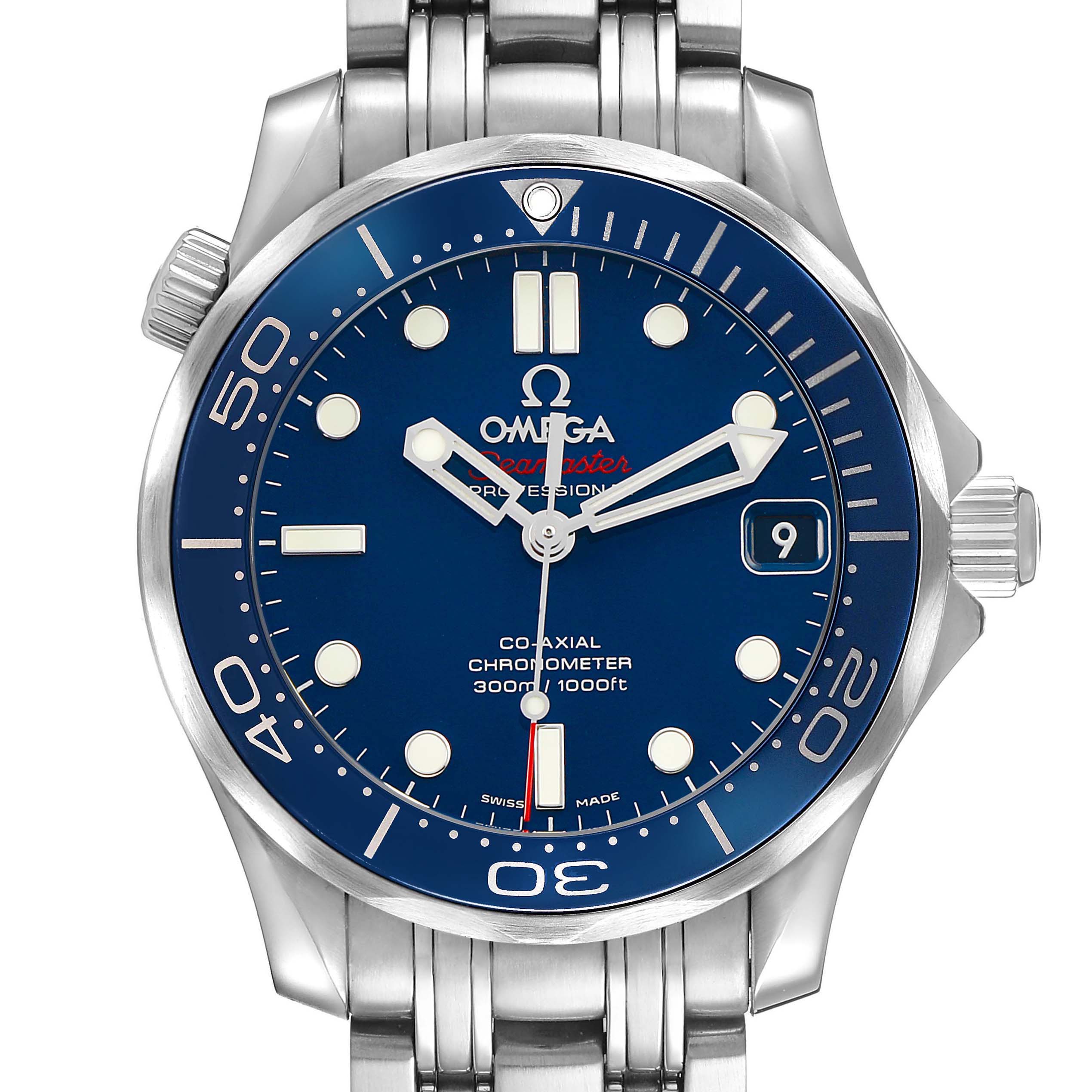 The Omega Seamaster 212.30.36.20.03.001 Men's Stainless Steel Blue Dial watch is shown from a front angle, displaying its face, bezel, crown, and part of the bracelet.