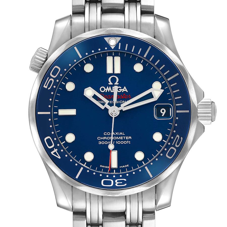 The Omega Seamaster 212.30.36.20.03.001 Men's Stainless Steel Blue Dial watch is shown from a front angle, displaying its face, bezel, crown, and part of the bracelet.