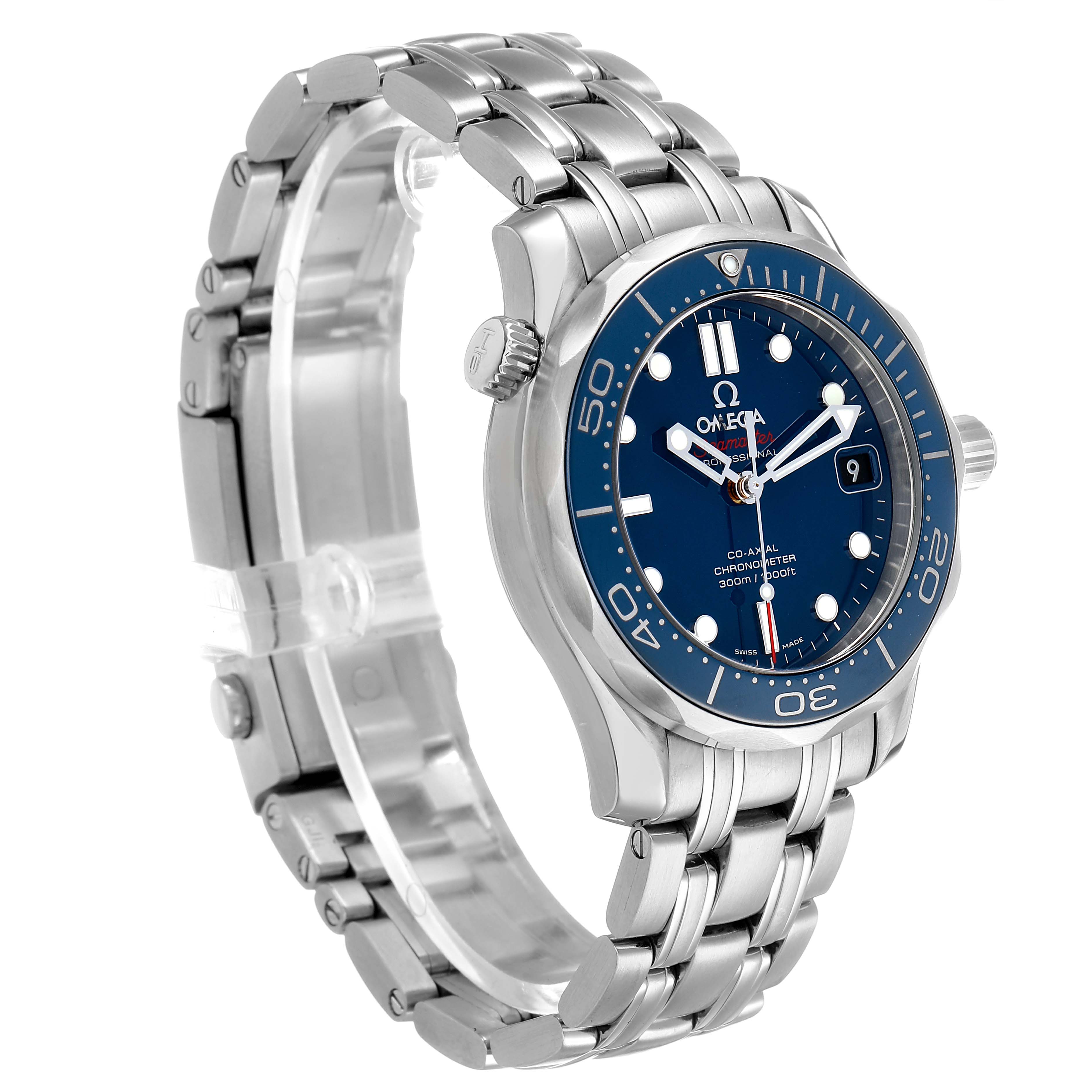 The Omega Seamaster 212.30.36.20.03.001 Men's Stainless Steel Blue Dial watch is displayed at a 45-degree angle, showing the face, bezel, crown, and stainless steel bracelet.