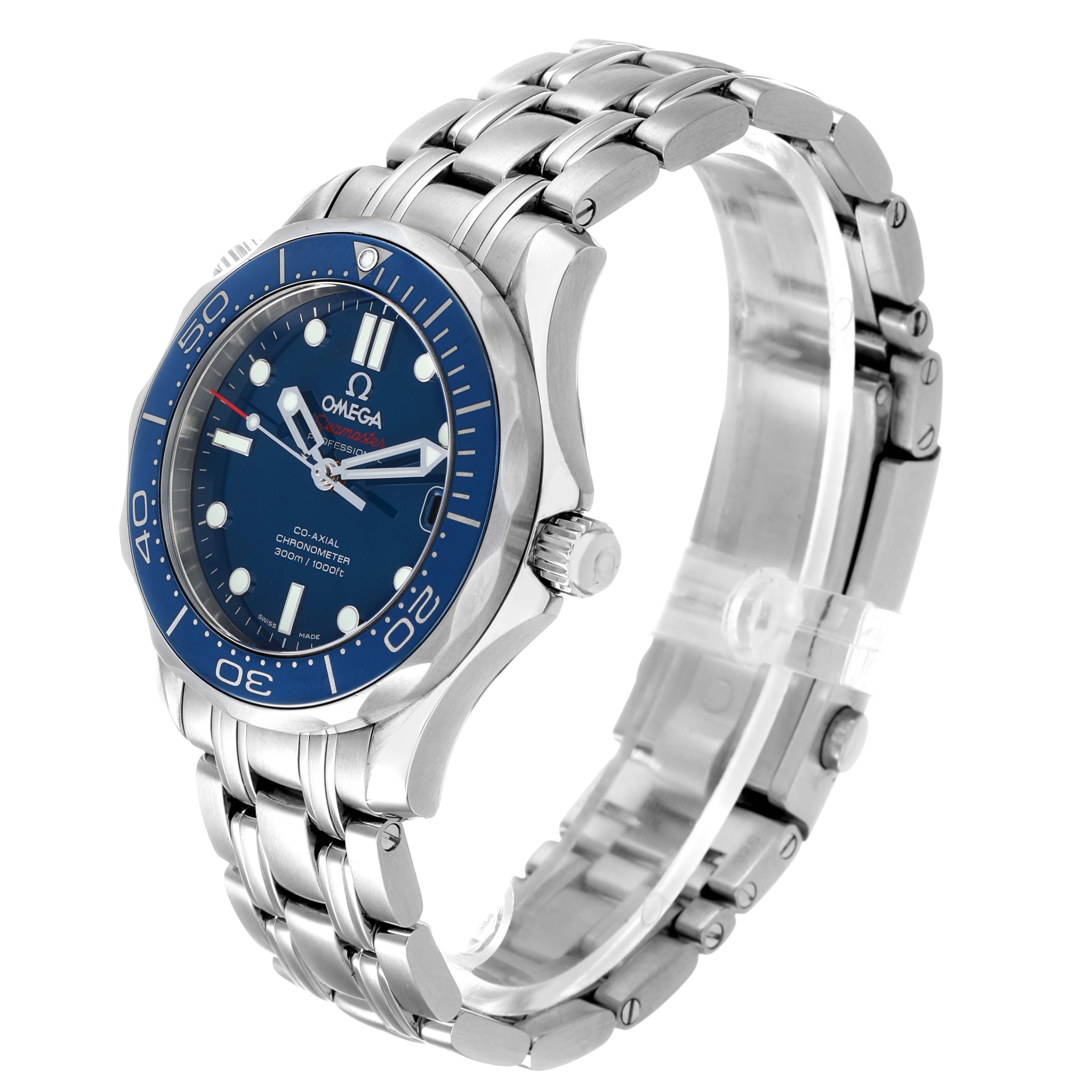 The Omega Seamaster 212.30.36.20.03.001 Men's Stainless Steel Blue Dial watch is shown at a three-quarter angle, highlighting the blue dial, bezel, crown, and stainless steel bracelet.