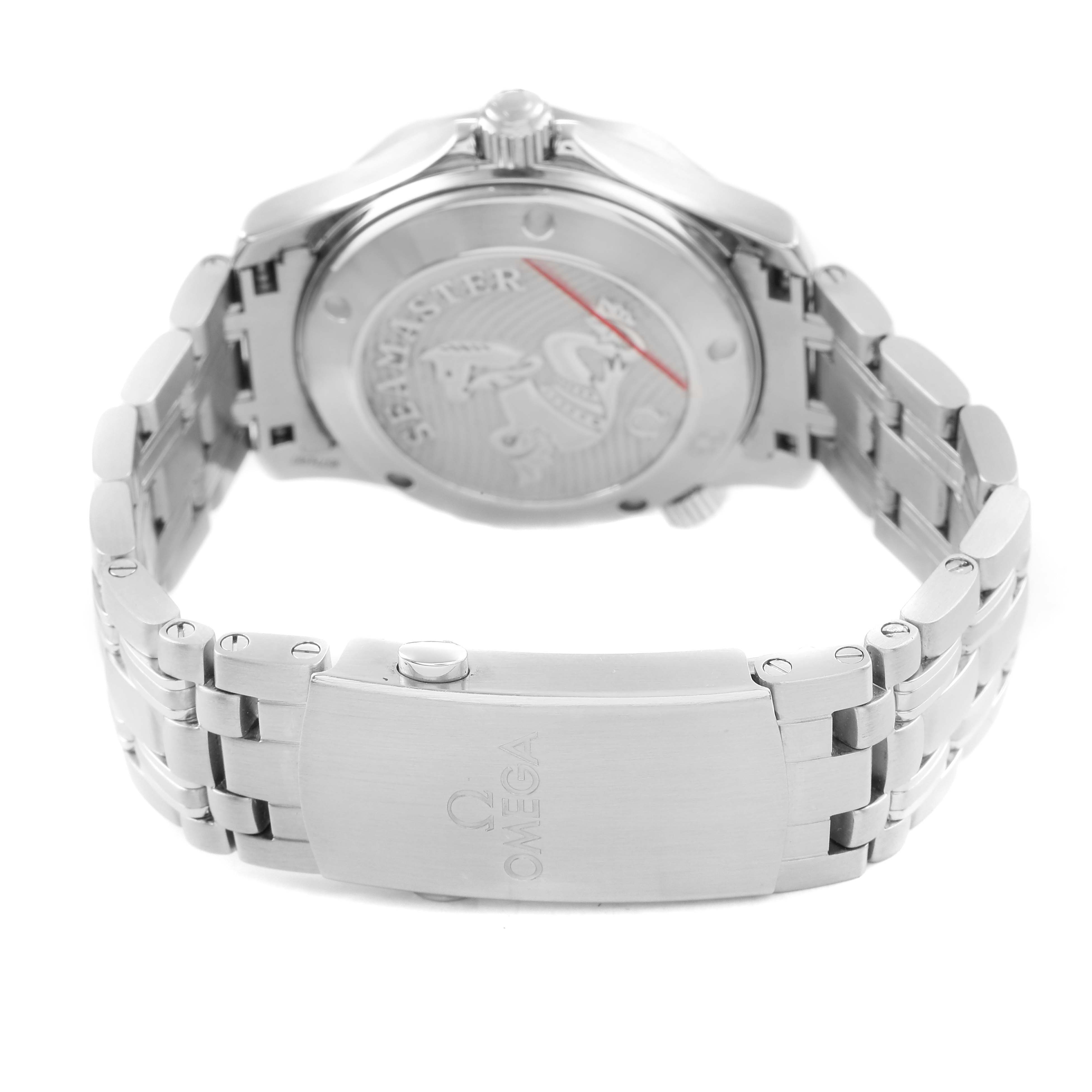 The Omega Seamaster 212.30.36.20.03.001 Men's Stainless Steel Blue Dial watch is shown from the back, highlighting the case back and metal bracelet clasp with the Omega logo.