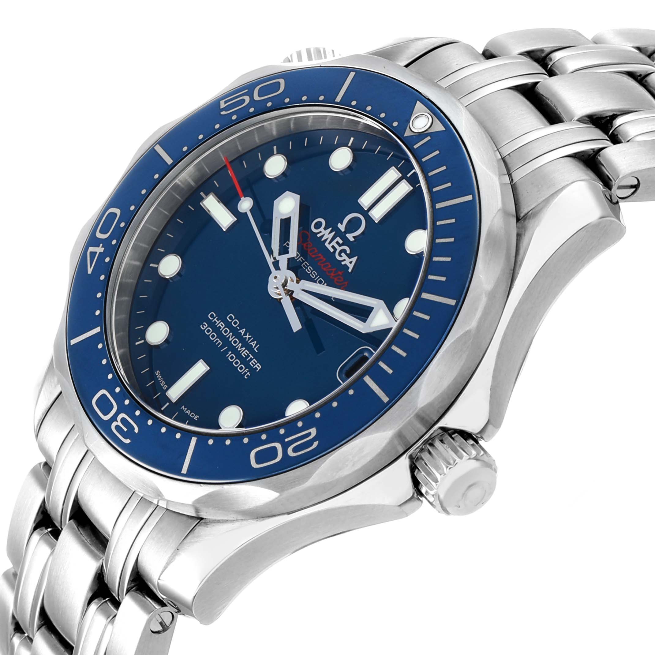 The Omega Seamaster 212.30.36.20.03.001 Men's Stainless Steel Blue Dial watch is shown at a slight angle, displaying its blue dial, bezel, crown, and stainless steel bracelet.