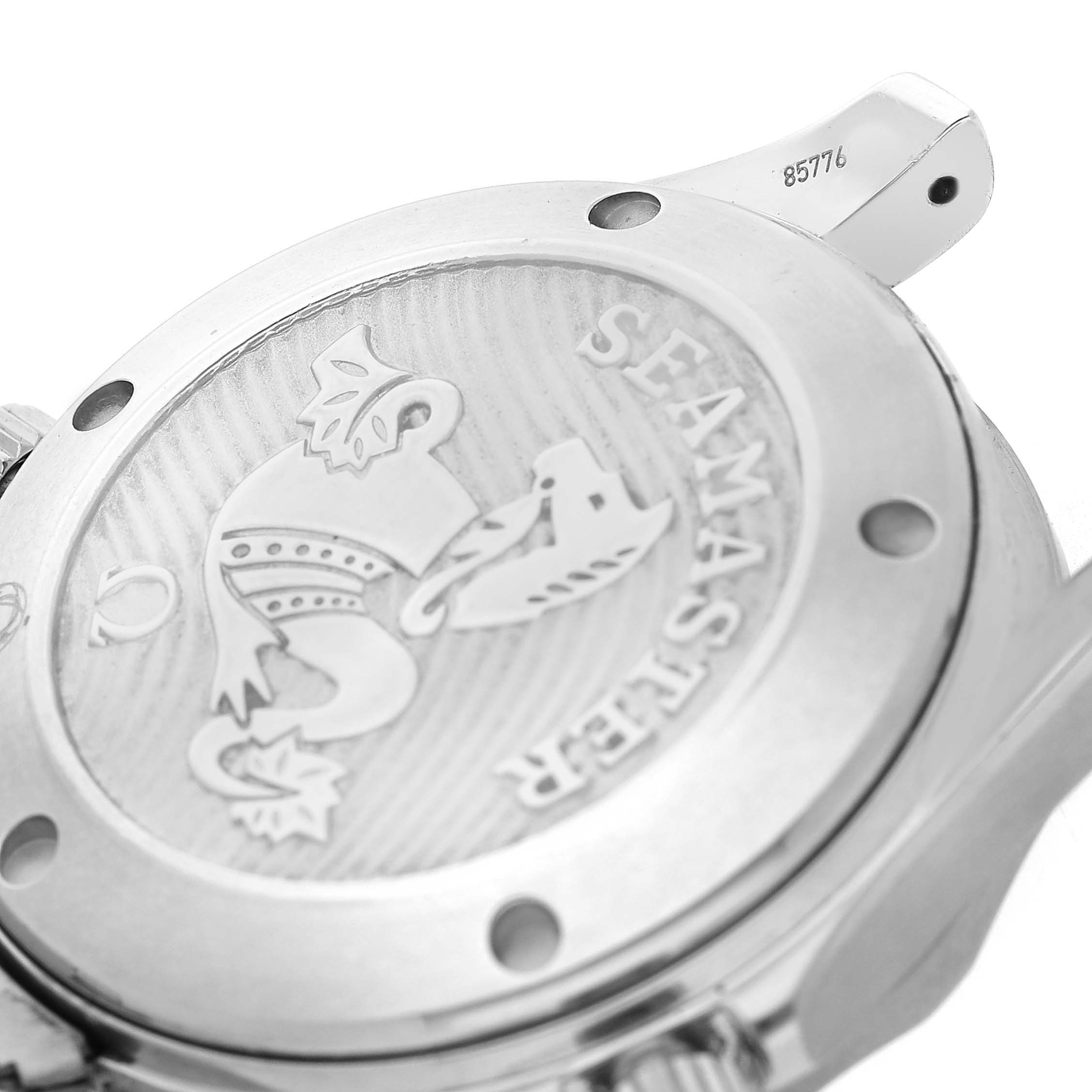 The image shows the case back of an Omega Seamaster 212.30.36.20.03.001 Men's Stainless Steel Blue Dial watch, featuring an engraved logo and model details.