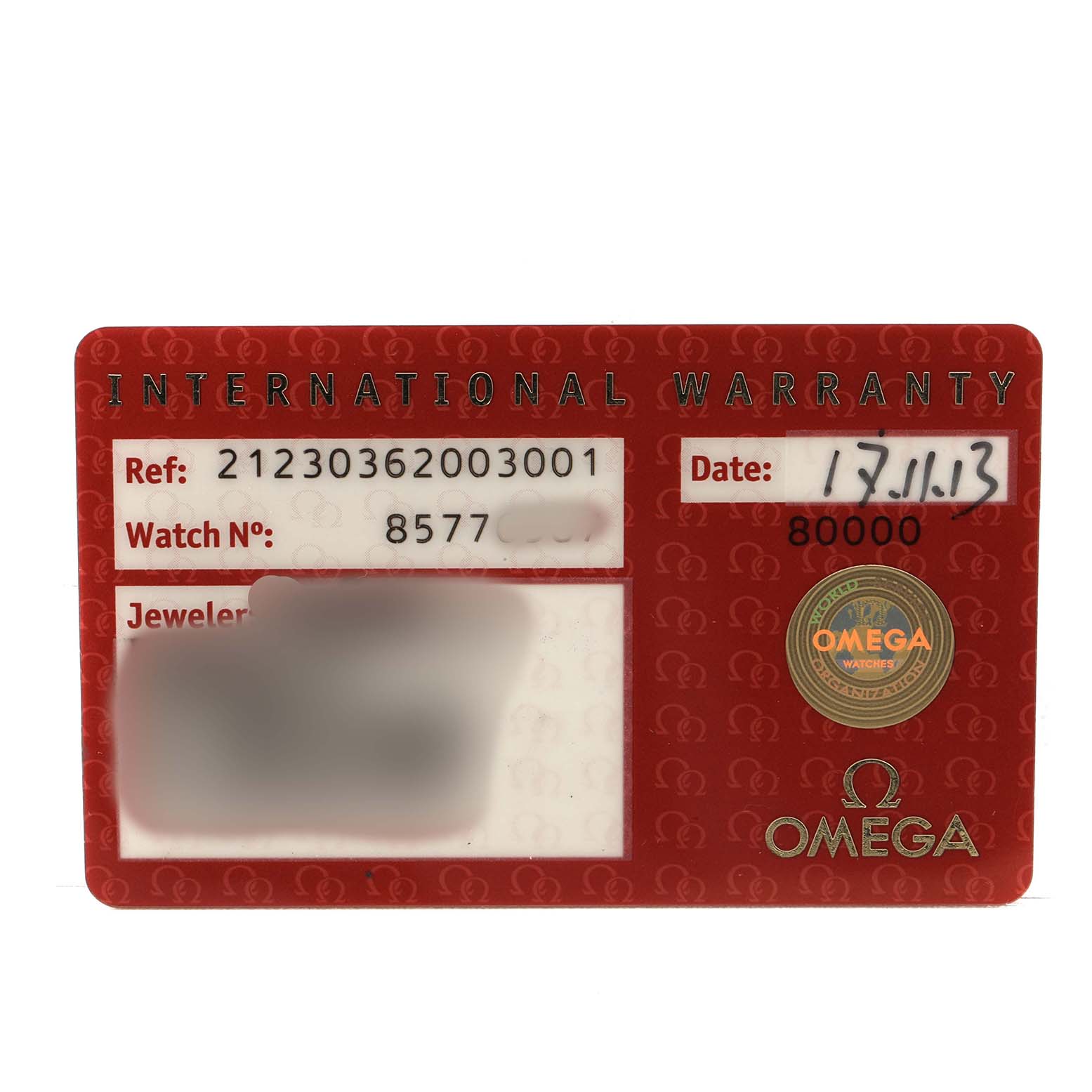 This image shows the front of an Omega Seamaster 212.30.36.20.03.001 Men's Stainless Steel Blue Dial's international warranty card.