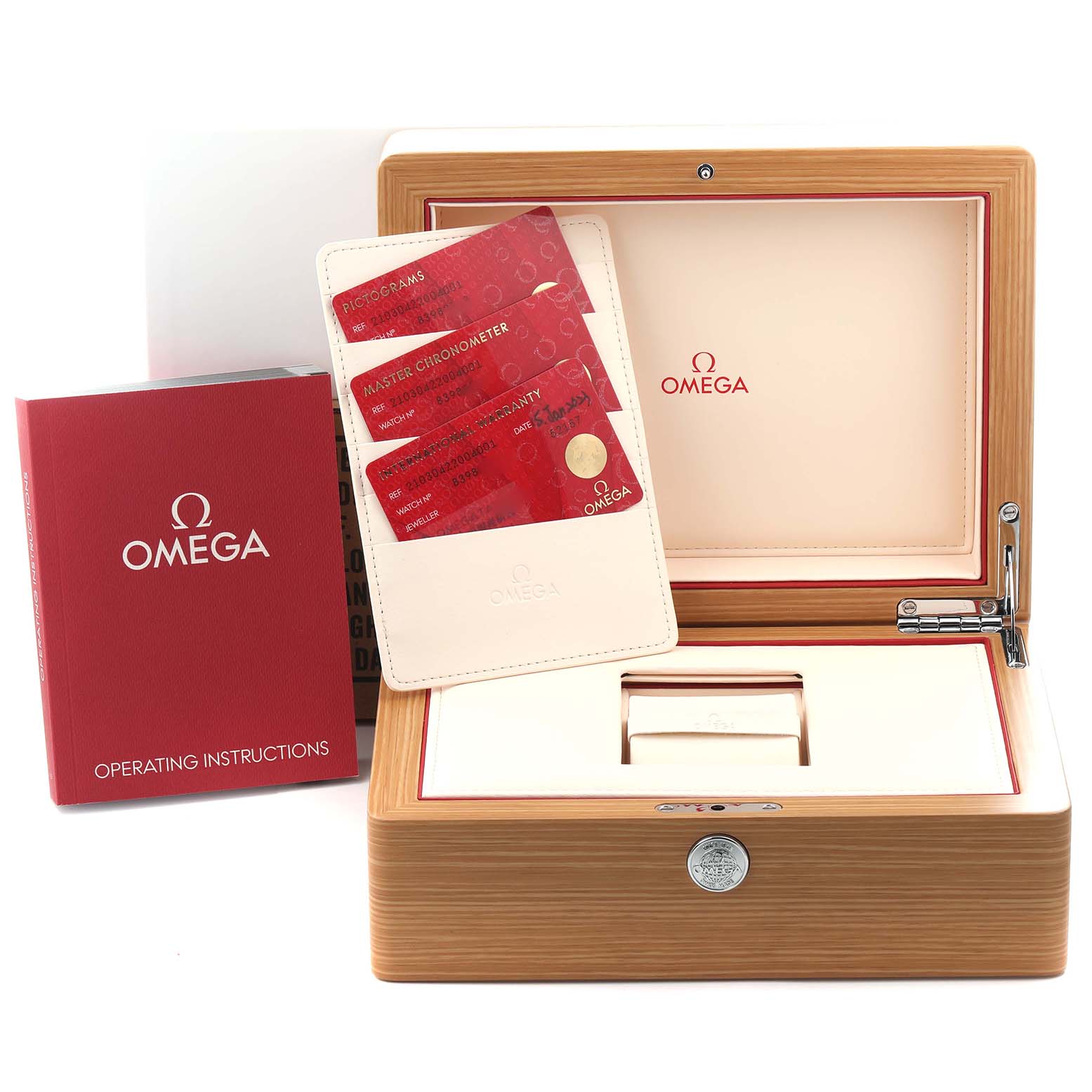 The image shows an Omega Seamaster 210.30.42.20.04.001 Men's Stainless Steel White Dial 210.30.42.20.04.001 Men's Stainless Steel White Dial box, warranty cards, and operating instructions, viewed from the front.