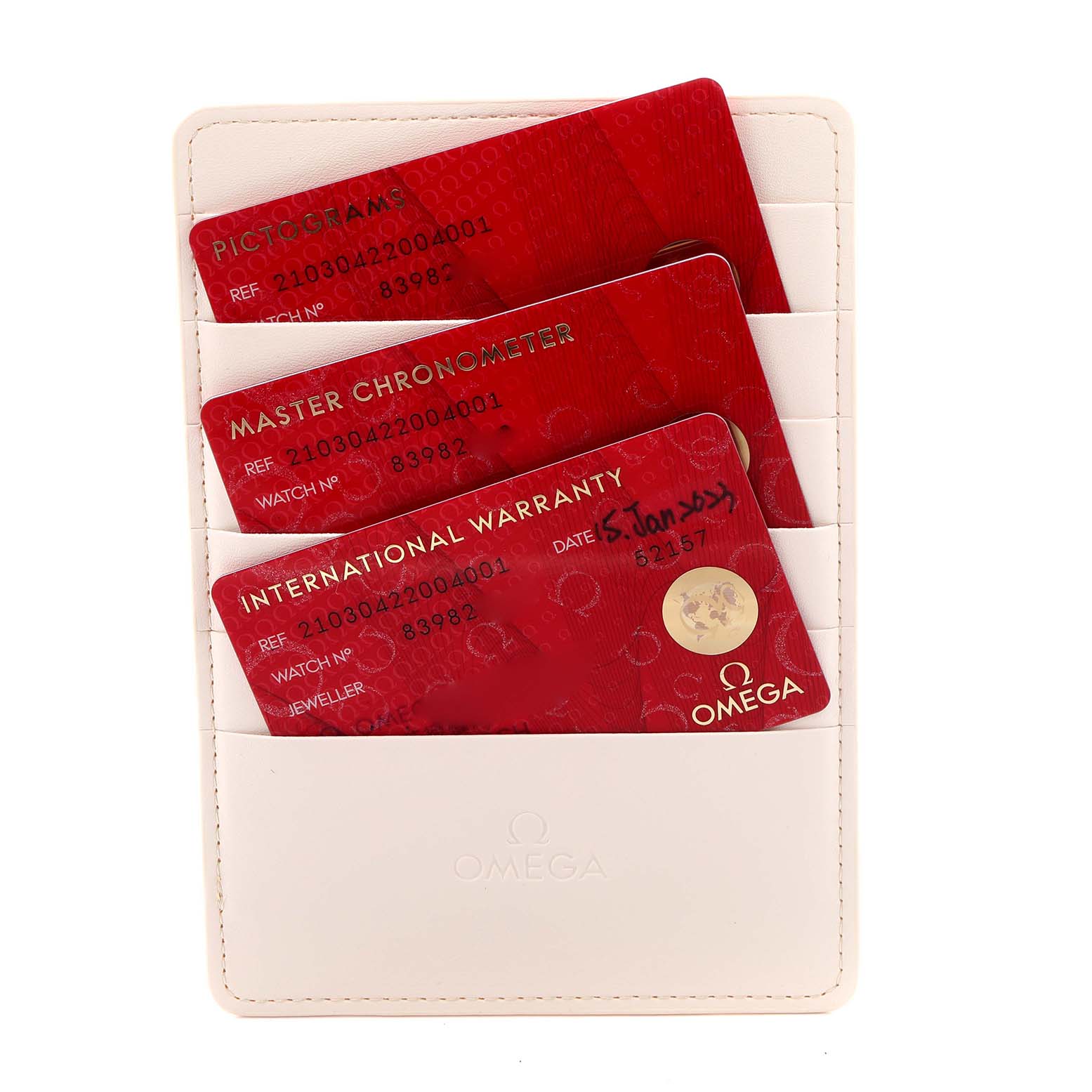 The image shows Omega Seamaster 210.30.42.20.04.001 Men's Stainless Steel White Dial 210.30.42.20.04.001 Men's Stainless Steel White Dial model warranty cards and documents held in a white wallet.