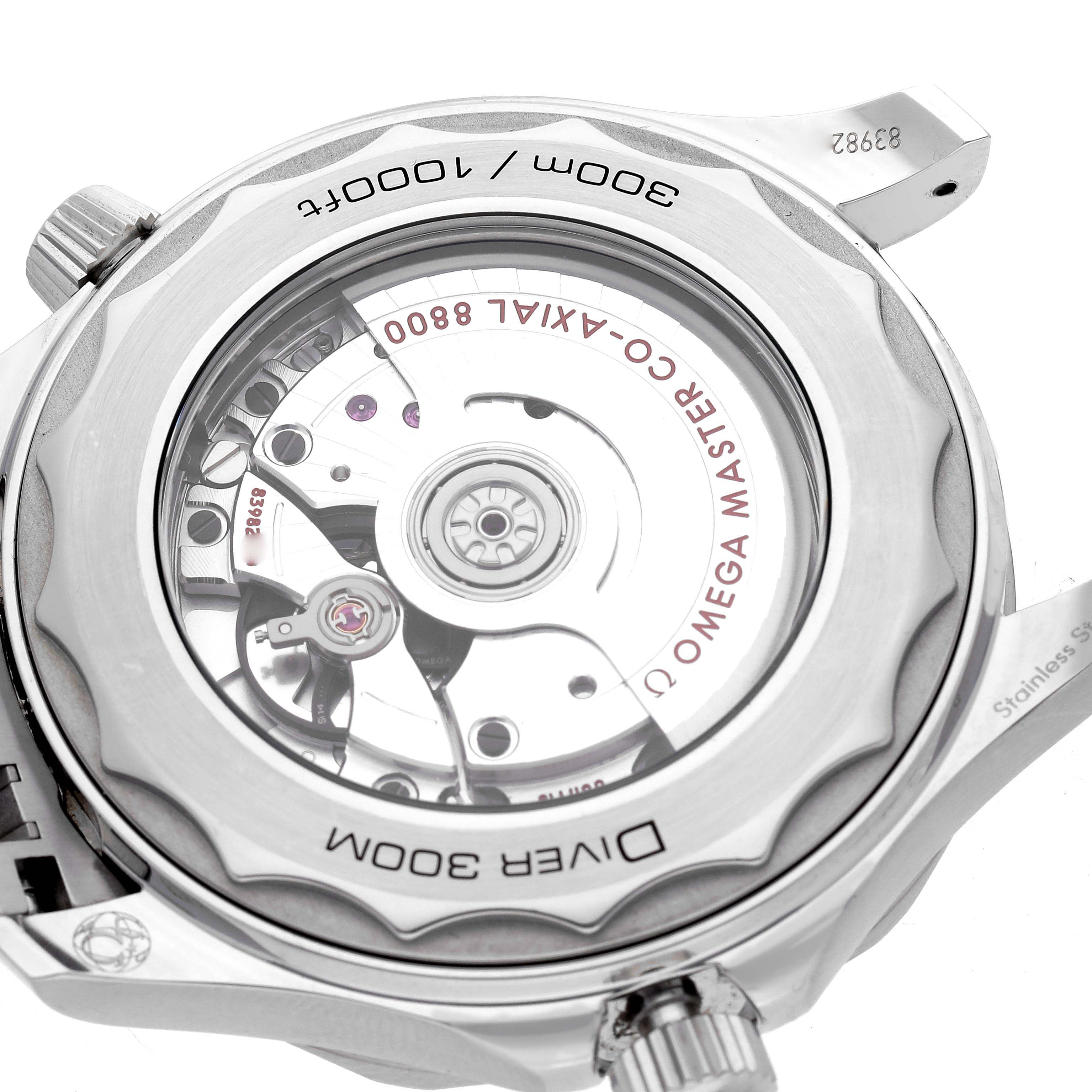 The image shows the case back of the Omega Seamaster 210.30.42.20.04.001 Men's Stainless Steel White Dial 210.30.42.20.04.001 Men's Stainless Steel White Dial watch, highlighting its visible movement and details like water resistance.