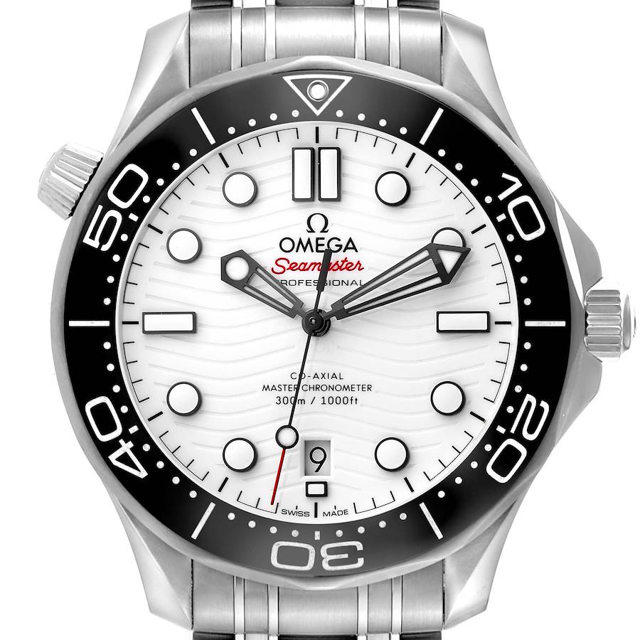 The Omega Seamaster model is shown from the top, highlighting the dial, bezel, crown, and bracelet.