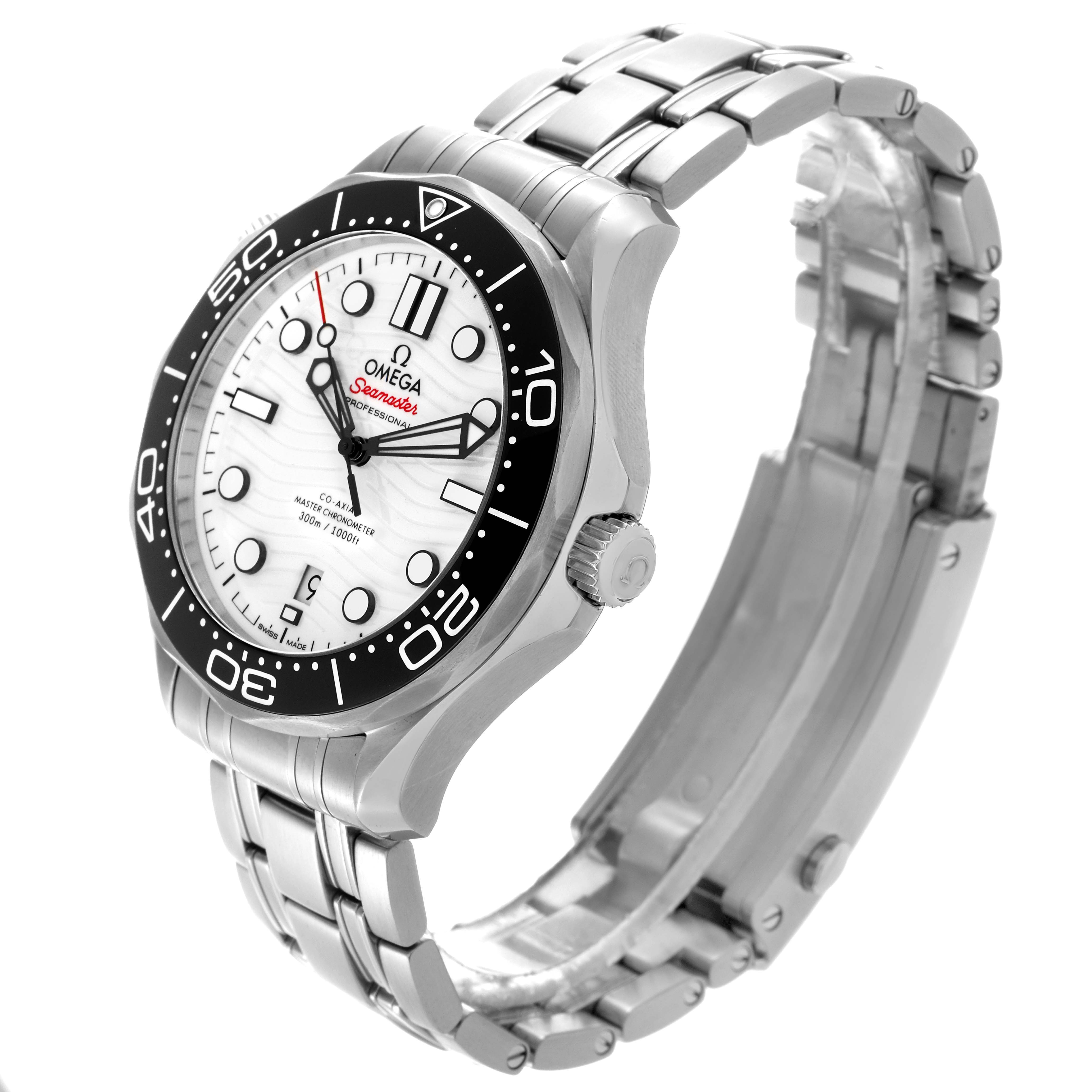 The Omega Seamaster 210.30.42.20.04.001 Men's Stainless Steel White Dial 210.30.42.20.04.001 Men's Stainless Steel White Dial watch is shown at an angle highlighting the dial, bezel, crown, and stainless steel bracelet.