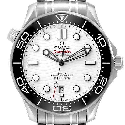The Omega Seamaster watch is shown from the front. It features a white wavy dial, black bezel, and visible crown and pushers.