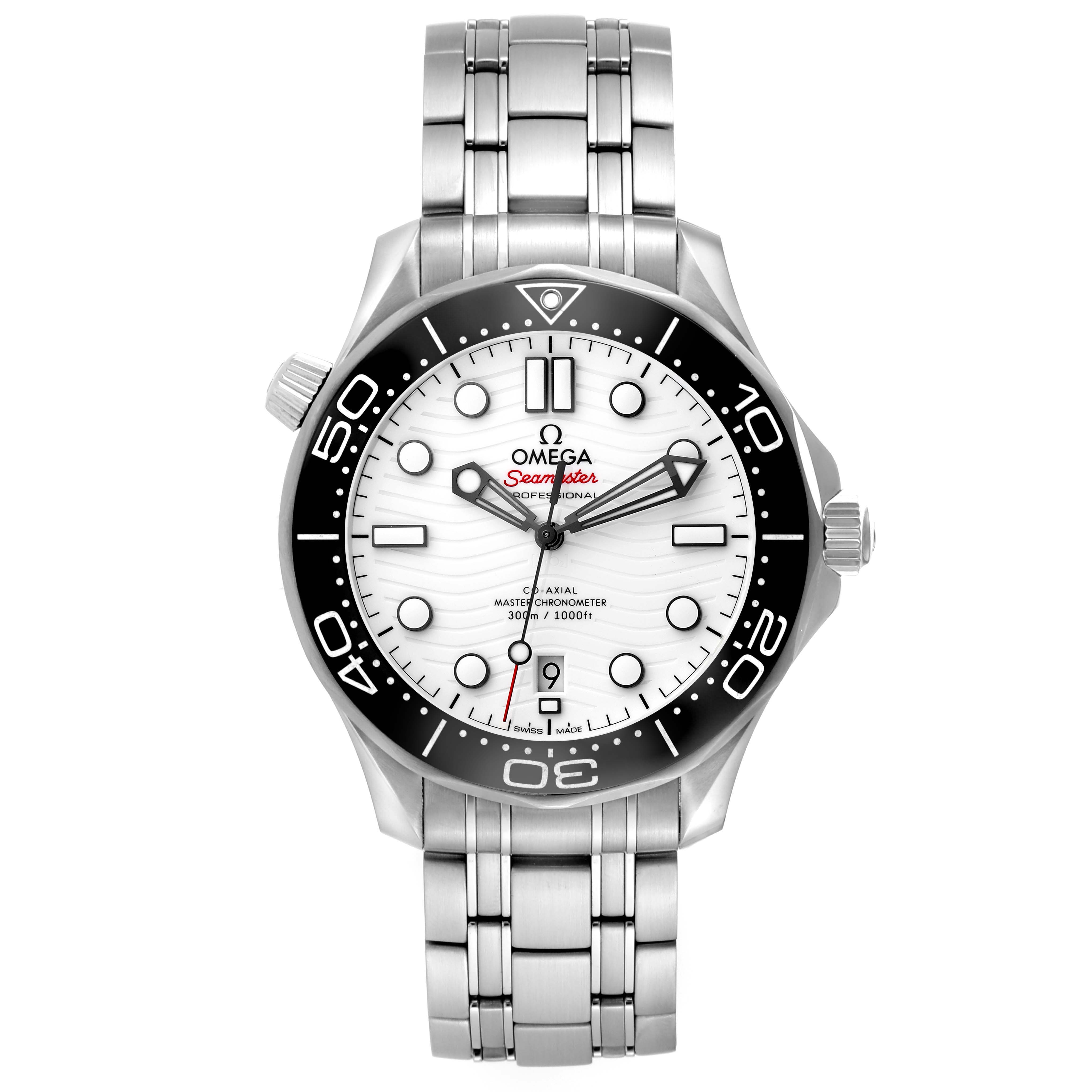 The Omega Seamaster 210.30.42.20.04.001 Men's Stainless Steel White Dial 210.30.42.20.04.001 Men's Stainless Steel White Dial watch is shown from a front angle, displaying its dial, bezel, and metal bracelet.